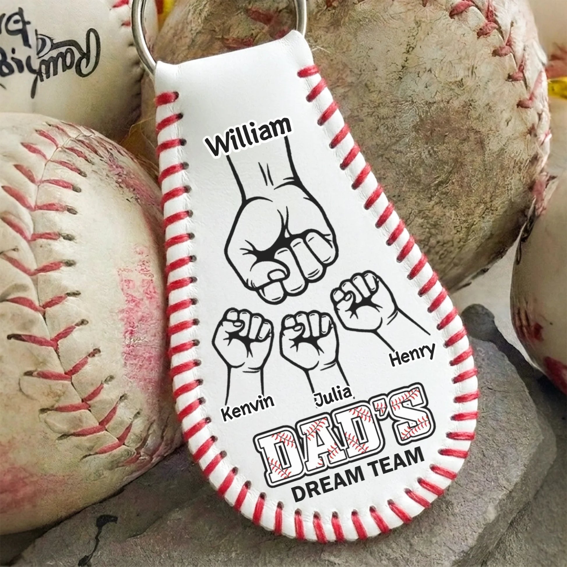 Dad's Dream Team personalized leather baseball keychain with custom names