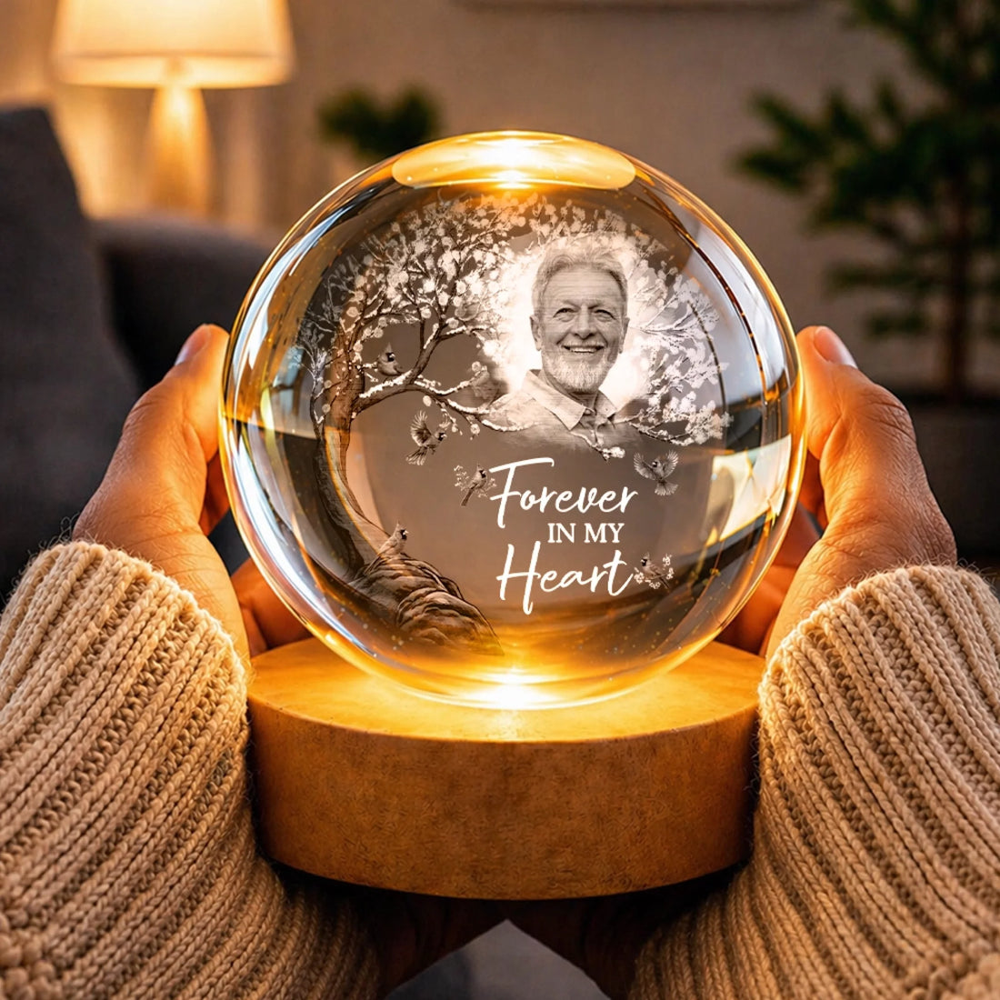 Personalized memorial crystal globe lamp with photo engraving
