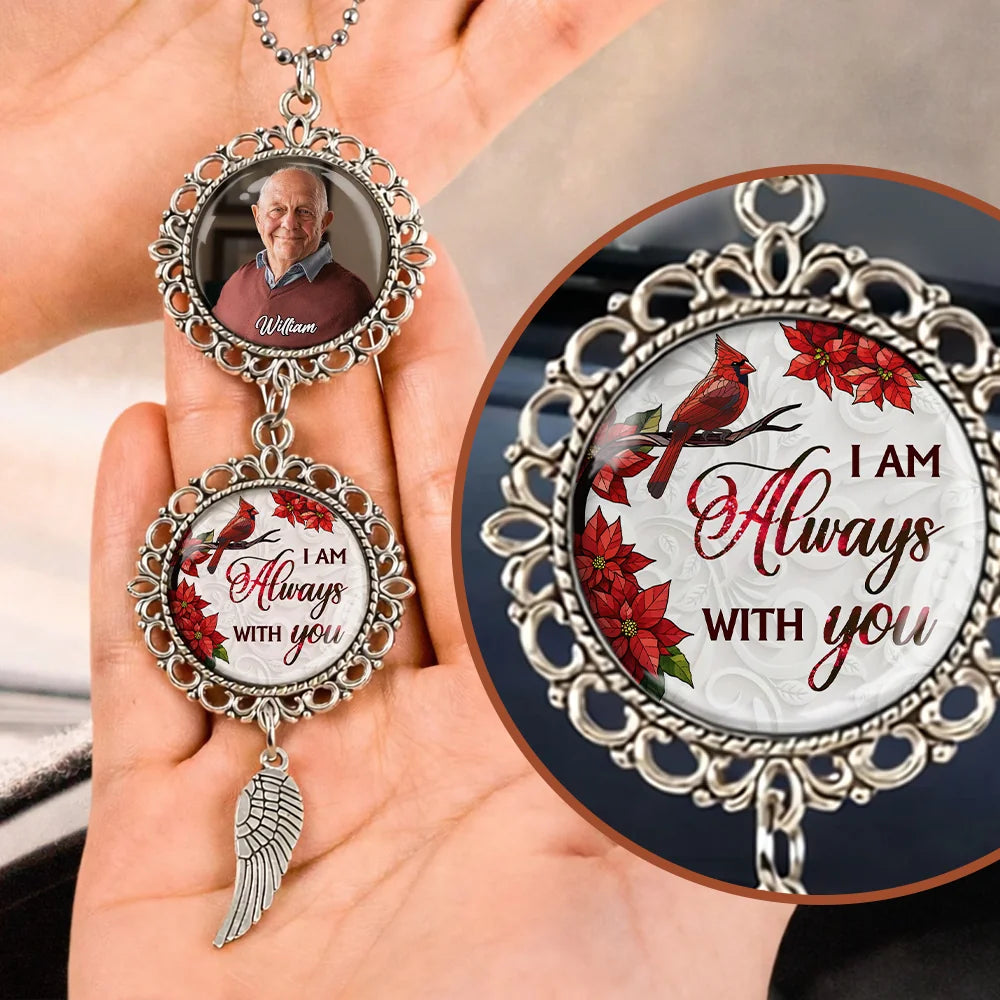 Personalized memorial car charm with photo and wing pendant