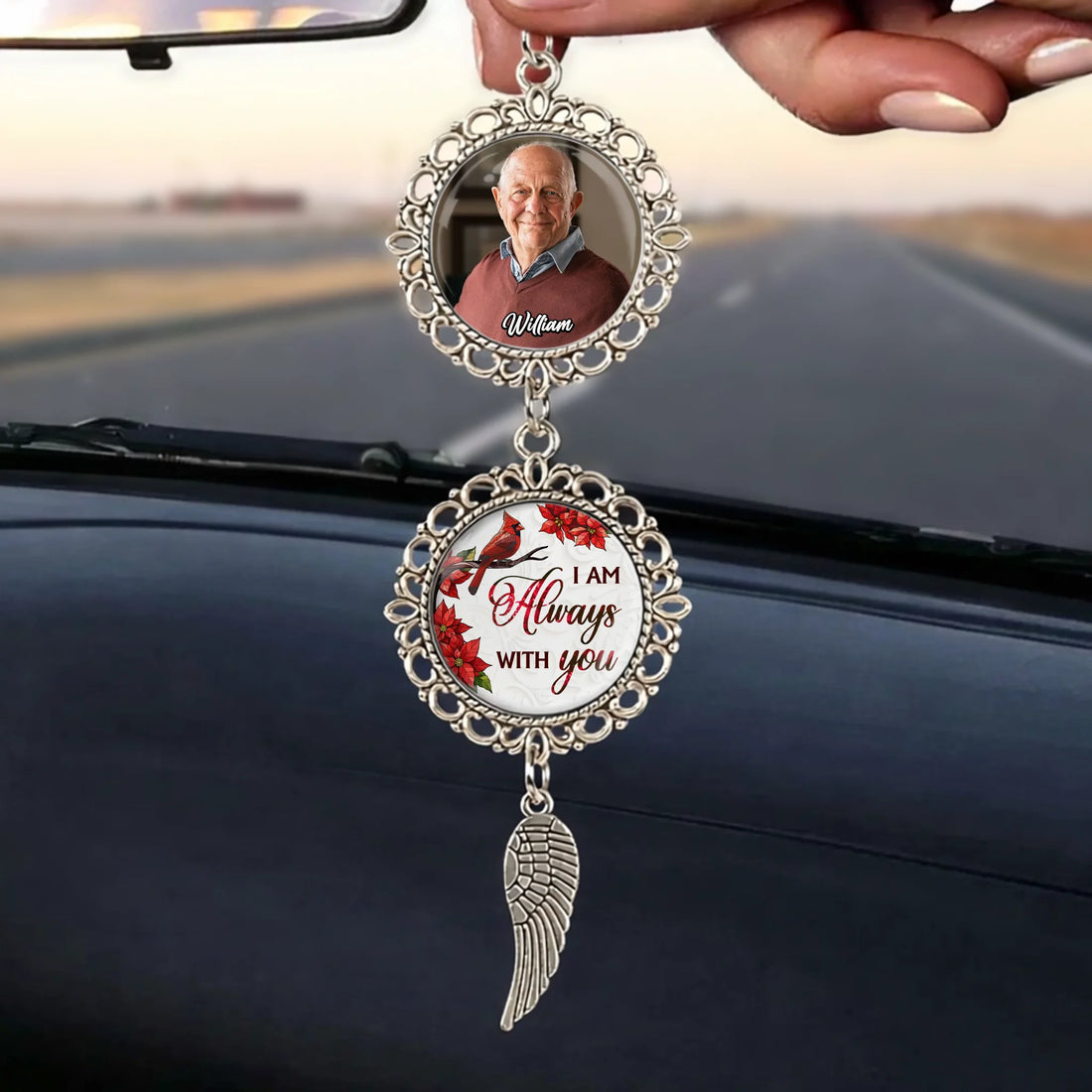 Personalized memorial car charm with photo and wing pendant