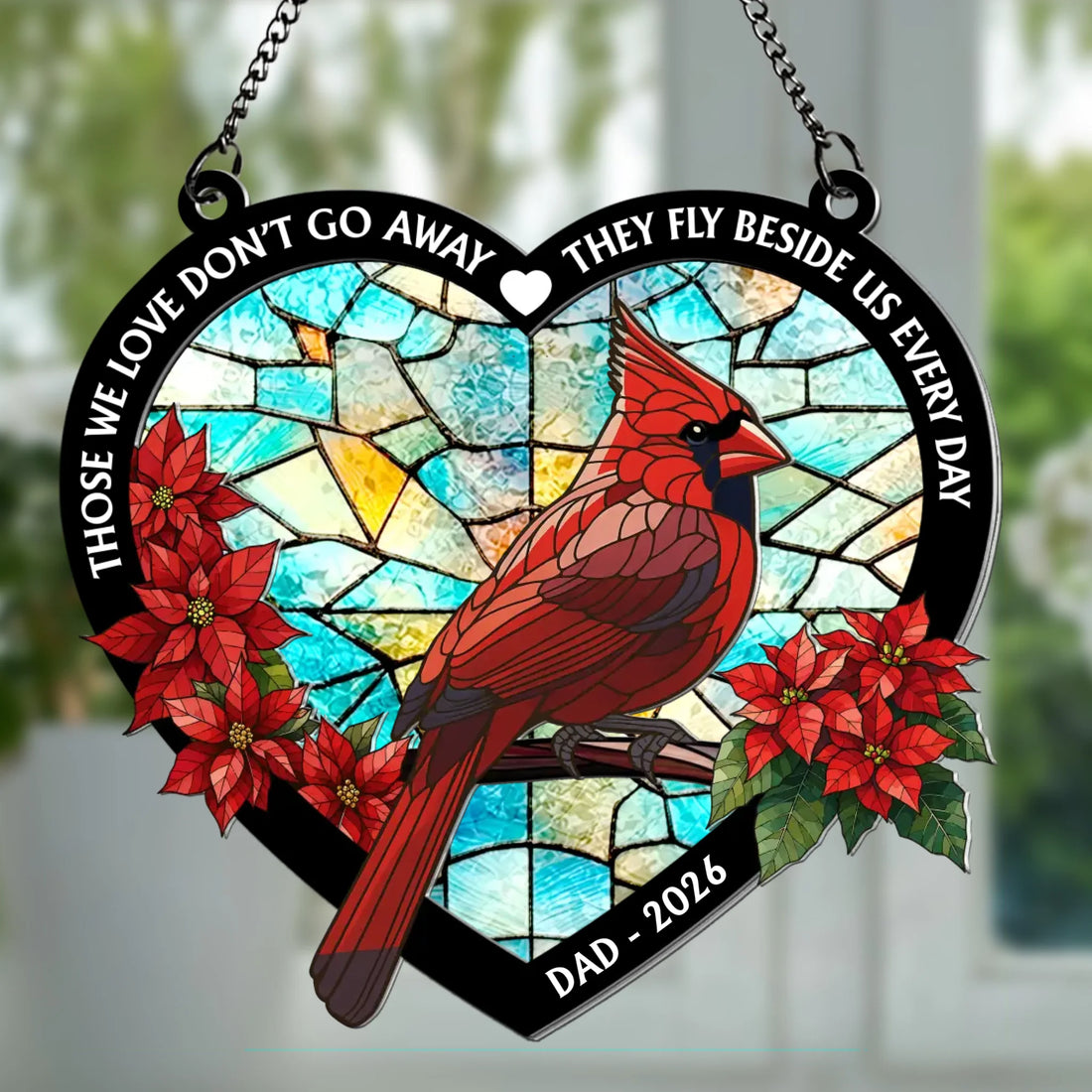 Personalized memorial cardinal suncatcher with custom names and remembrance quote