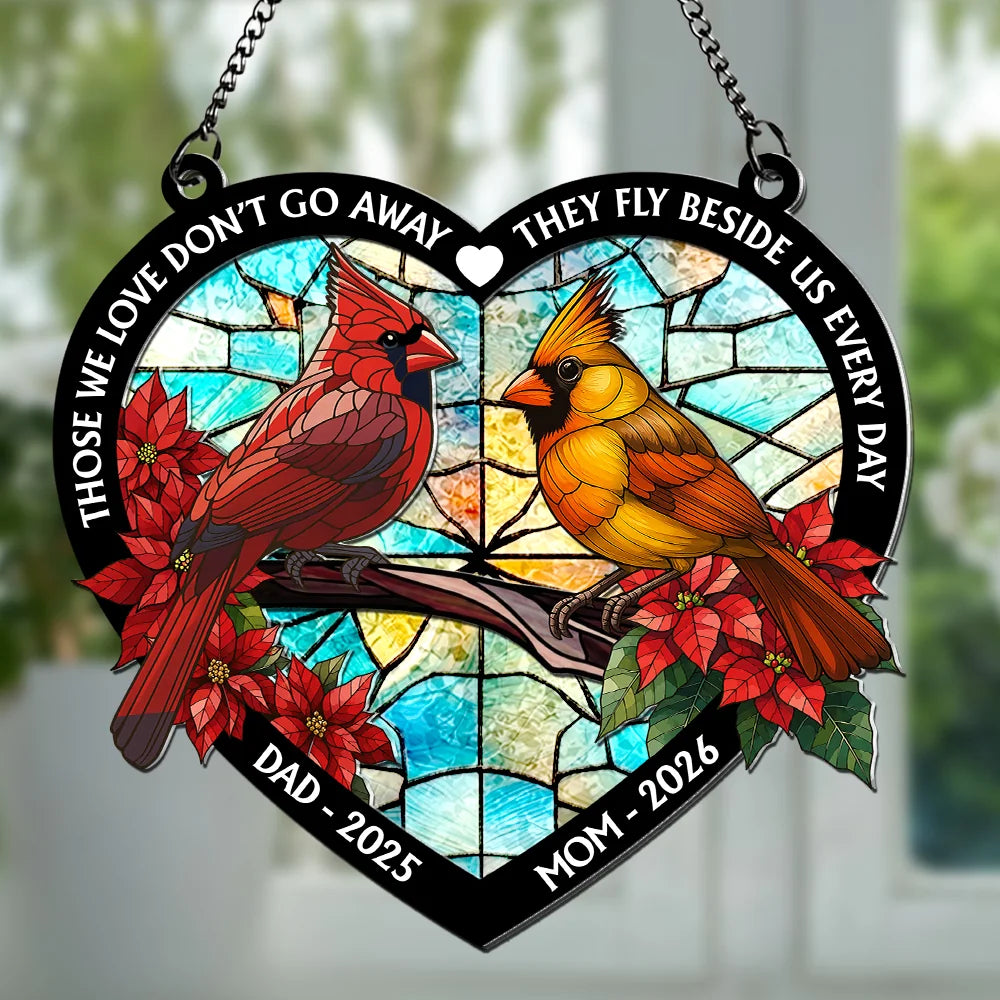 Personalized memorial cardinal suncatcher with custom names and remembrance quote