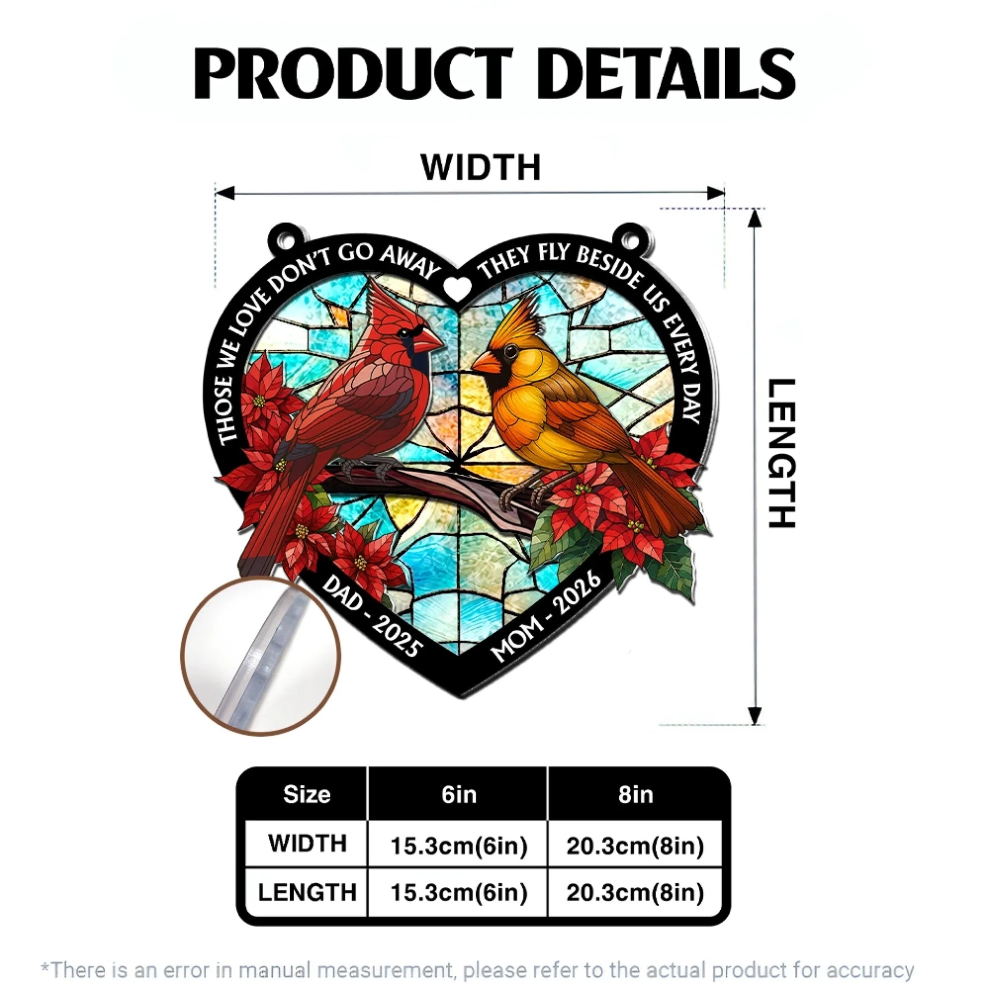 Memorial suncatcher size guide and product details
