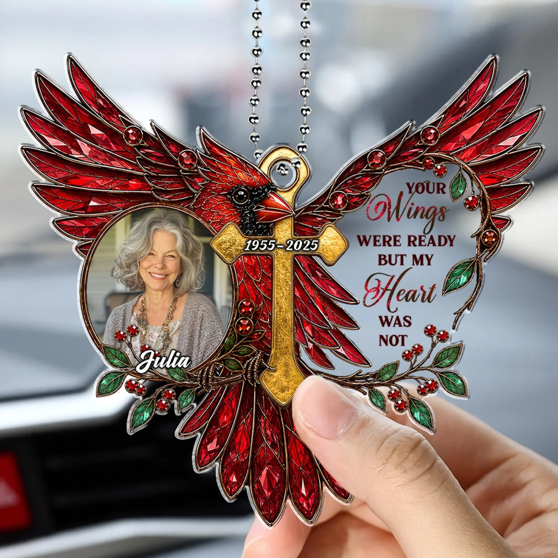 Personalized memorial acrylic car hanger with photo and cardinal wings