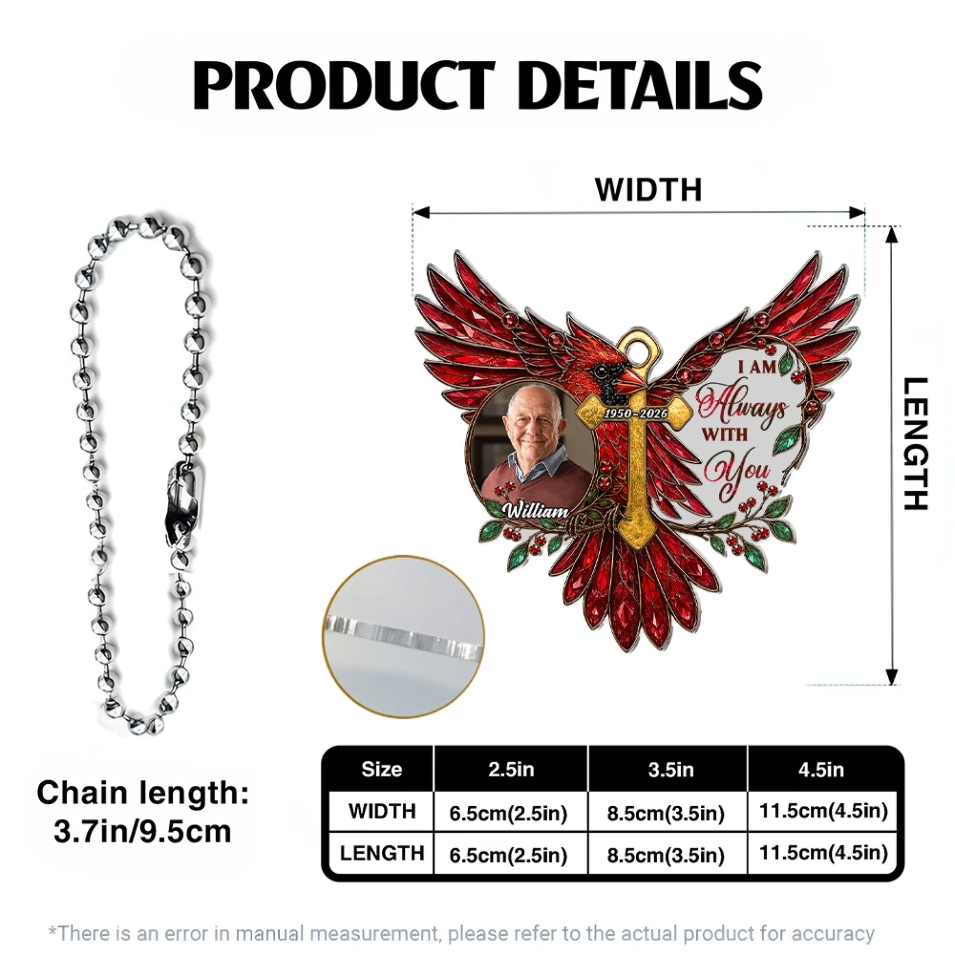 Memorial acrylic car hanger size guide and product details