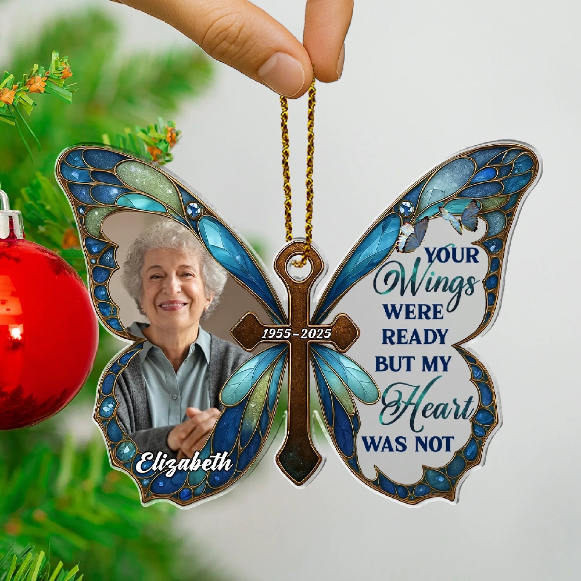 Memorial butterfly ornament with custom photo remembrance decoration