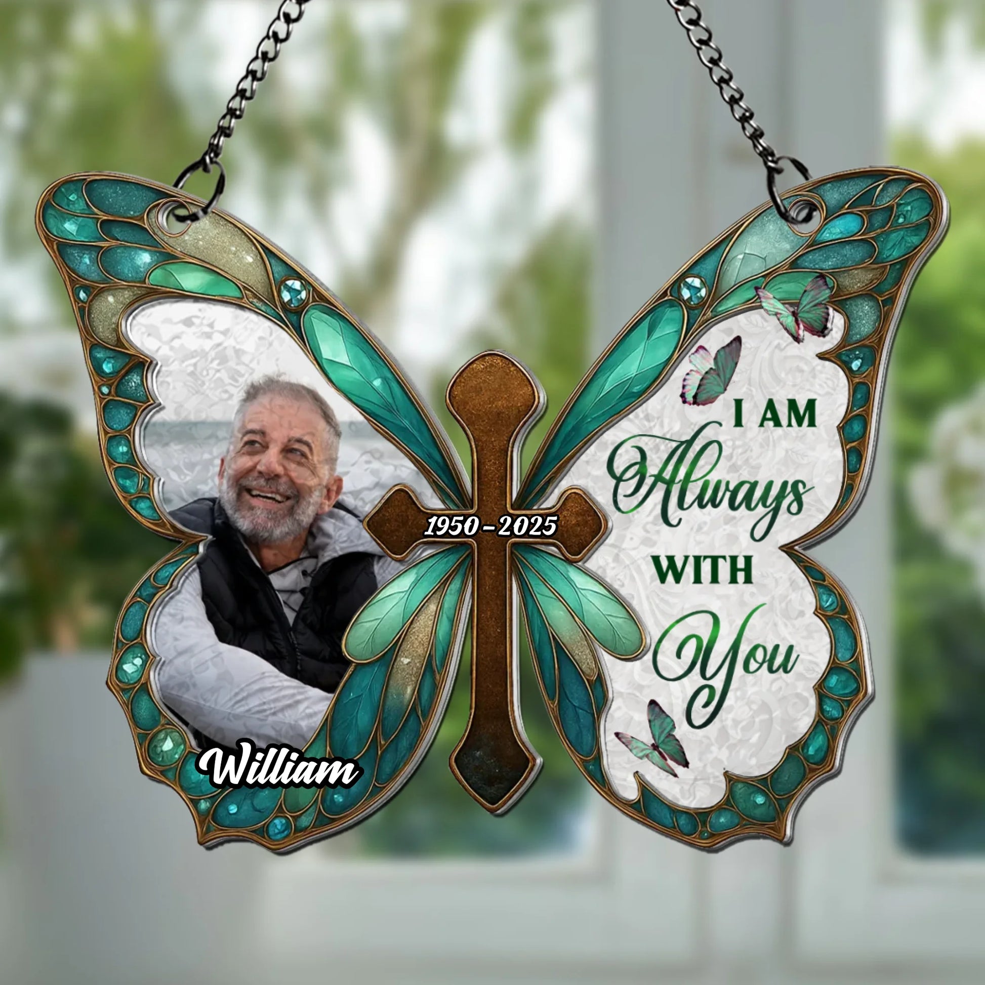Personalized butterfly cross memorial suncatcher with custom photo