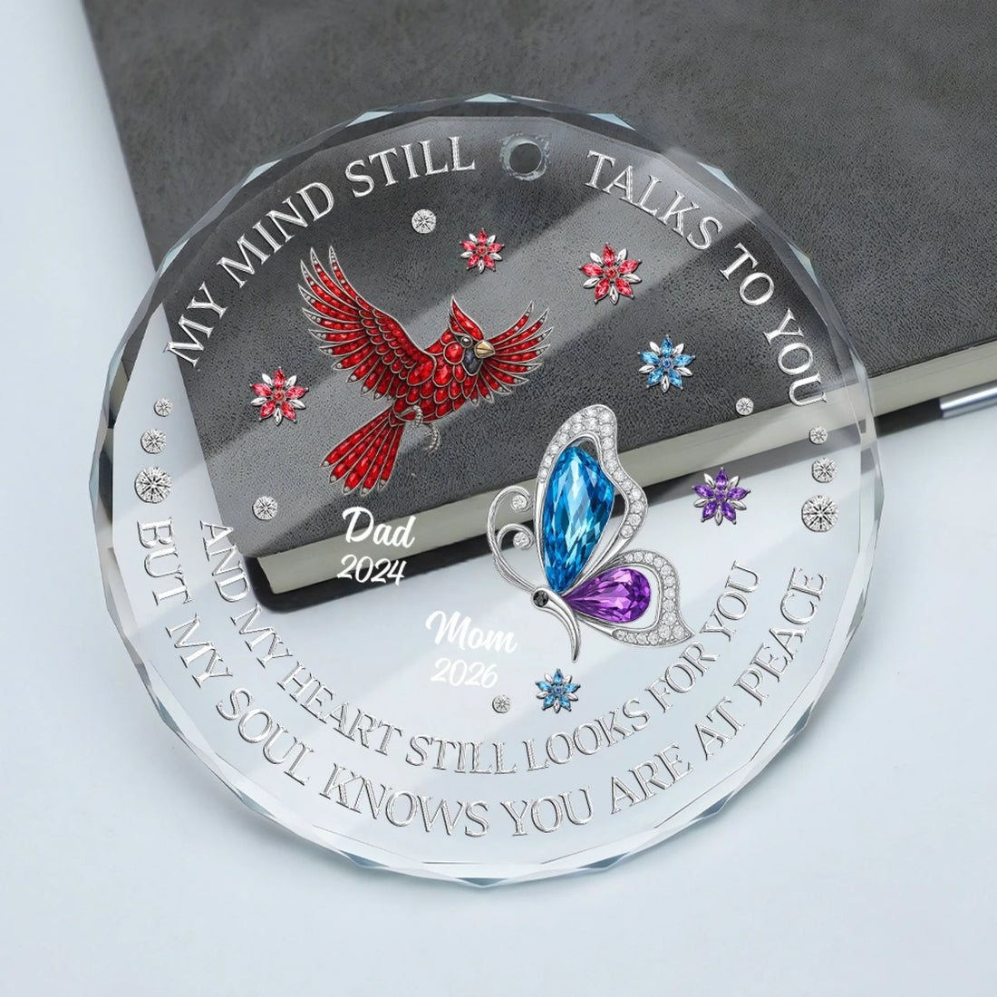 Personalized memorial glass car hanger with cardinal butterfly remembrance gift