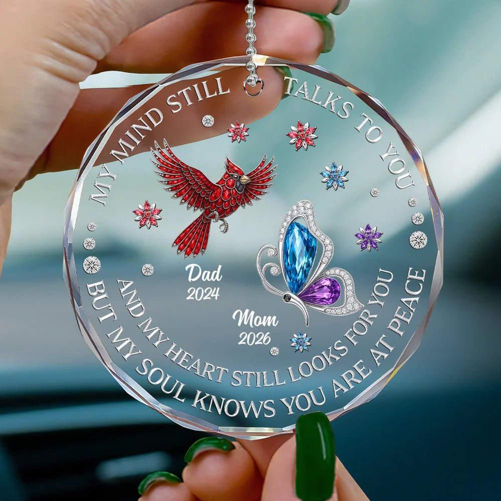 Personalized memorial glass car hanger with cardinal butterfly remembrance gift