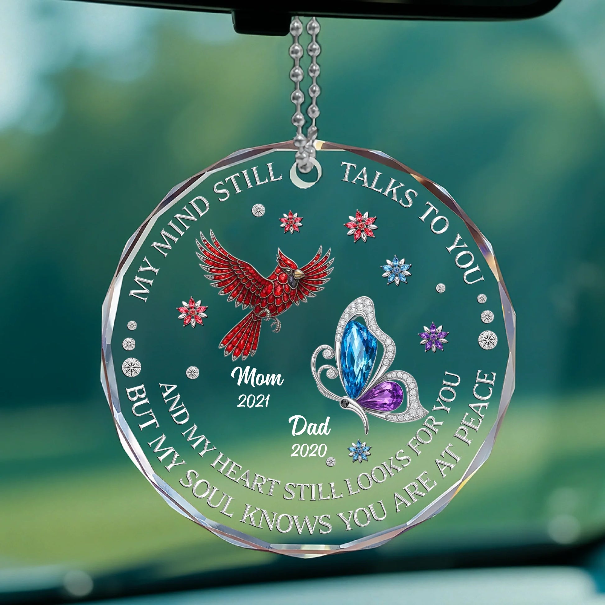 Personalized remembrance glass car hanger display