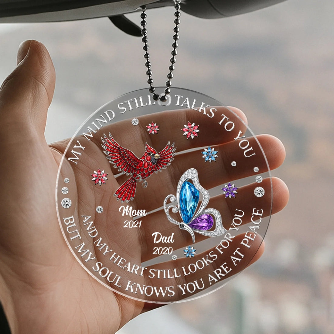 Personalized memorial acrylic car hanger with custom photo cardinal butterfly design