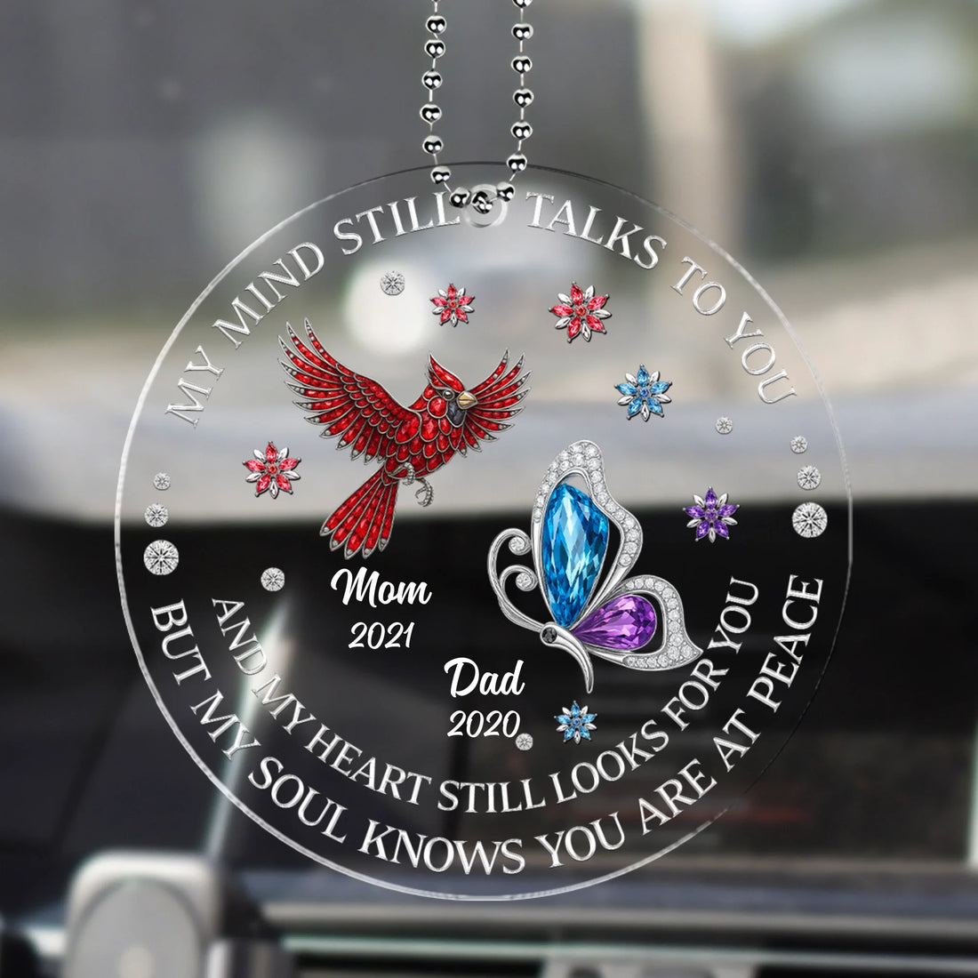 Personalized memorial acrylic car hanger with custom photo cardinal butterfly design