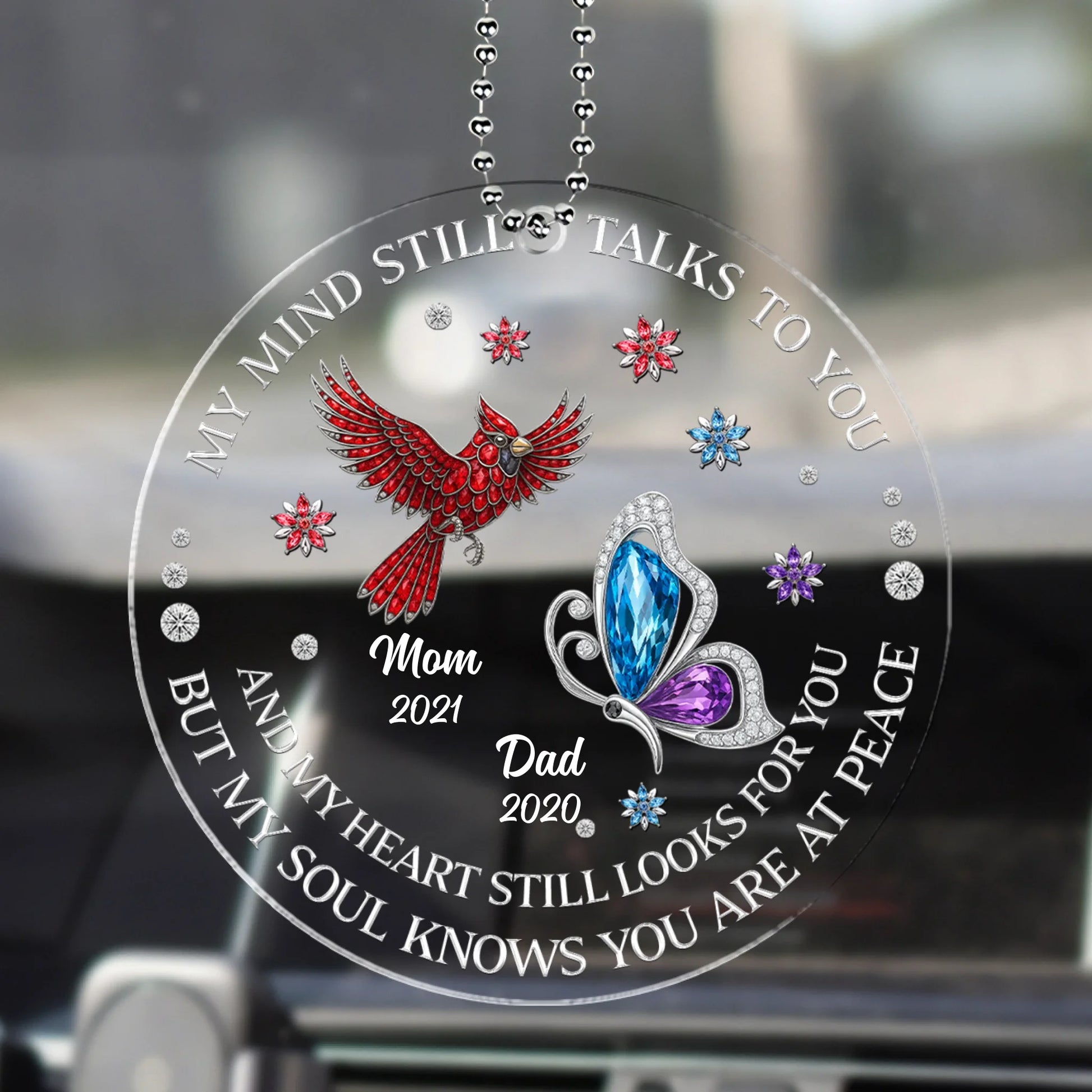 Personalized memorial acrylic car hanger with custom photo cardinal butterfly design