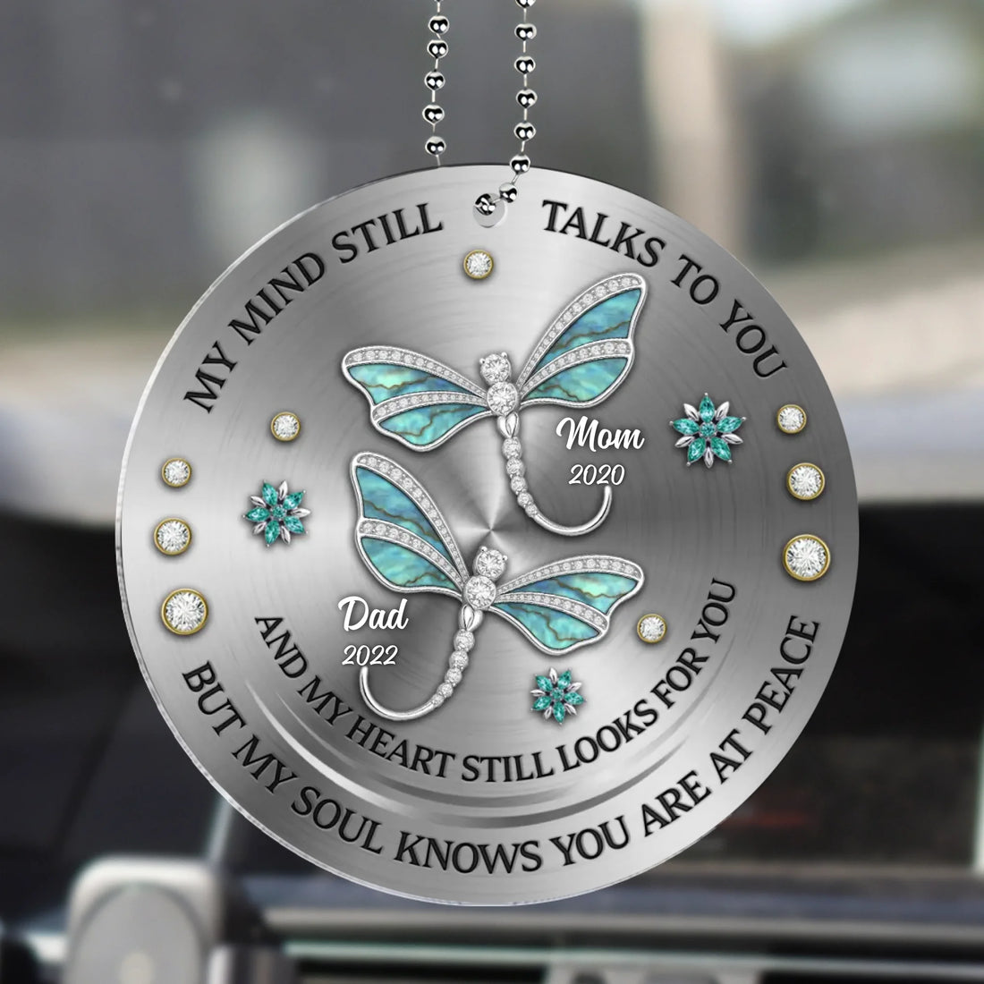Personalized memorial acrylic car hanger with dragonfly design