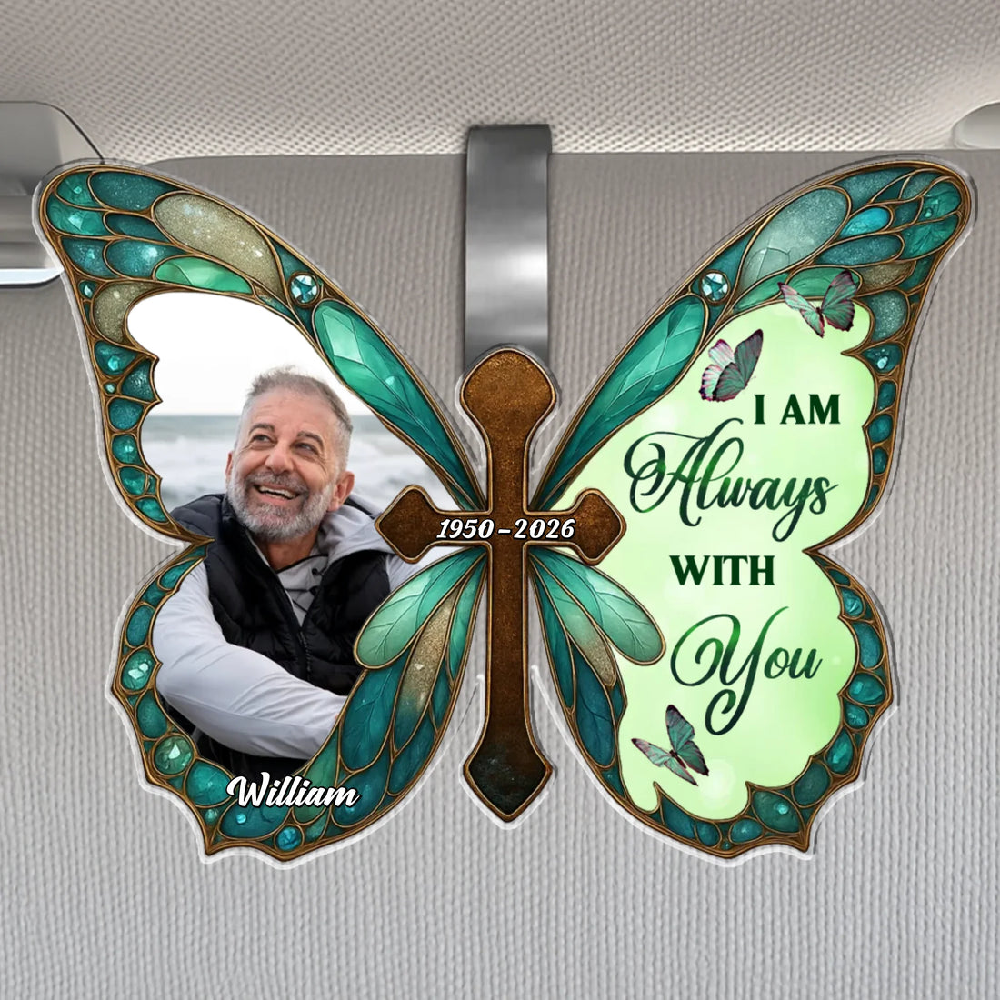 Personalized memorial butterfly car visor clip with photo and remembrance quote