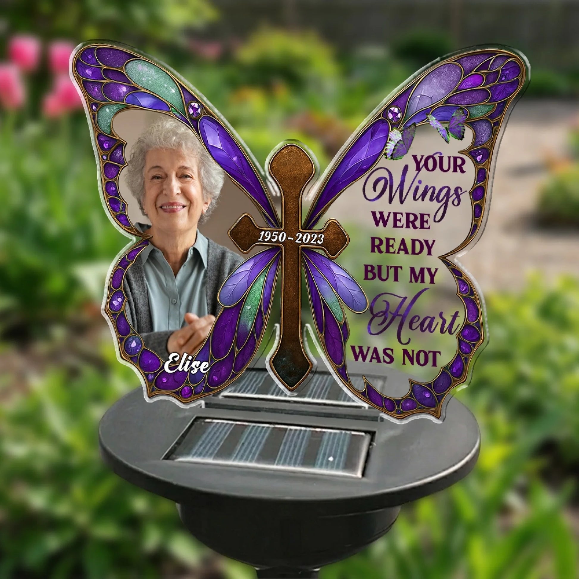 Custom Memorial Butterfly Solar Stake Light Displayed in Outdoor Garden