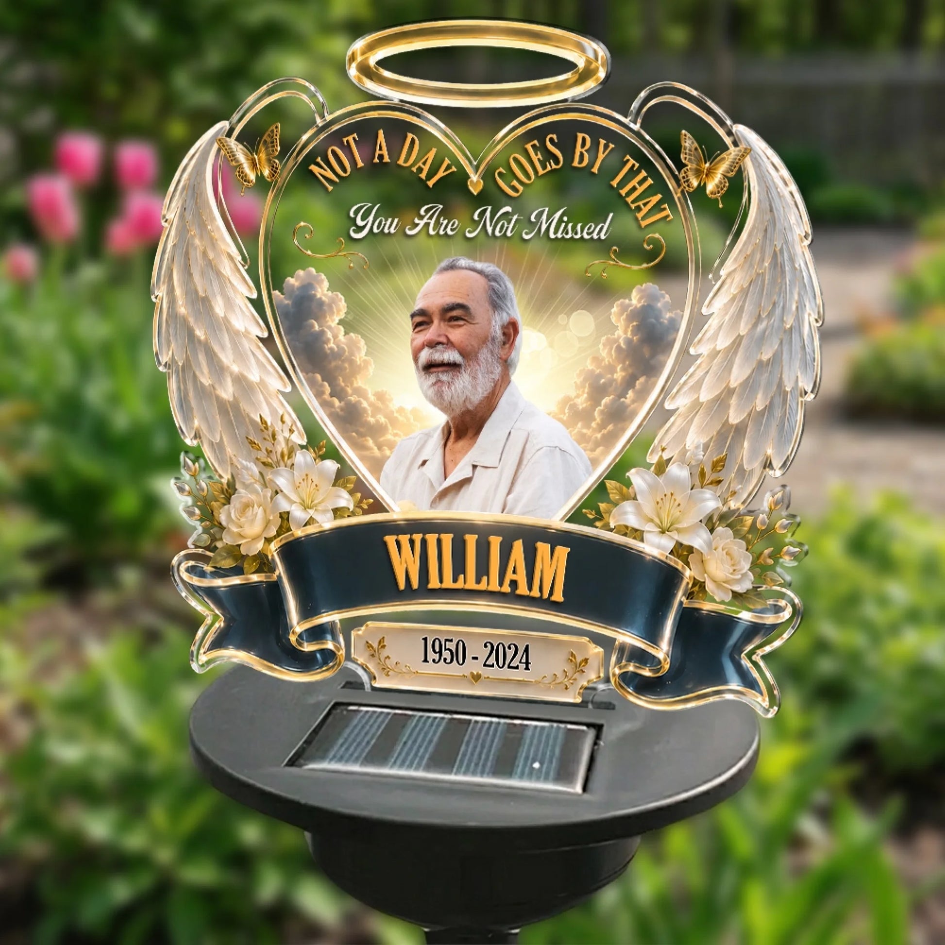 Custom Angel Wings Memorial Garden Solar Light Displayed Outdoors