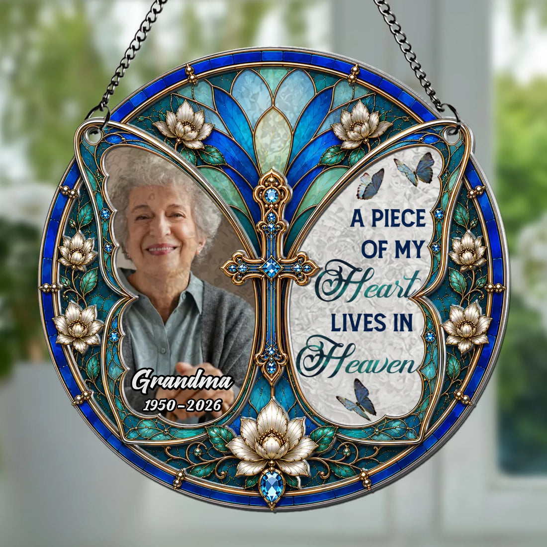 Personalized A Piece Of My Heart Memorial Stained Glass Suncatcher with Photo