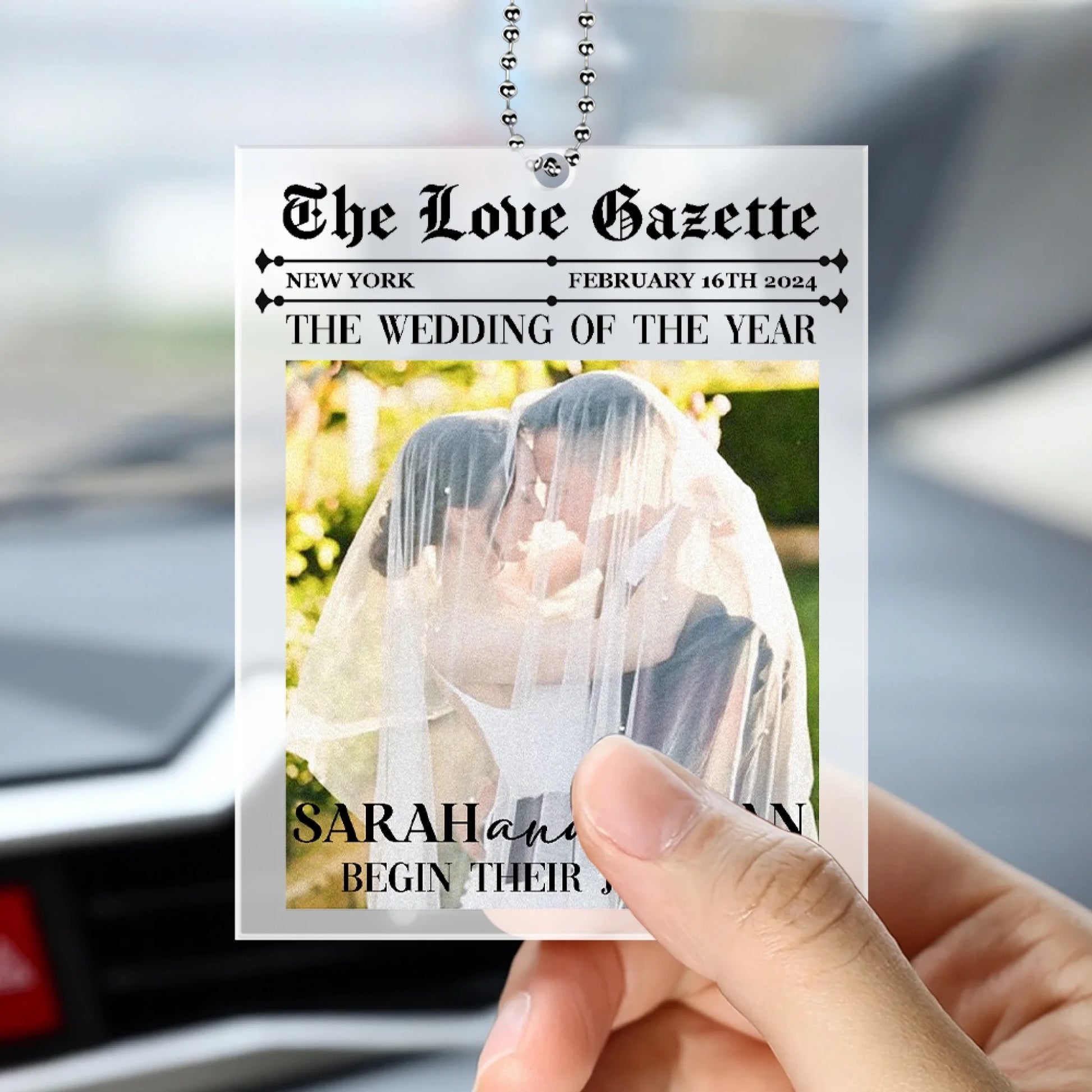 Personalized Wedding Photo Ornament Hanging Inside a Car