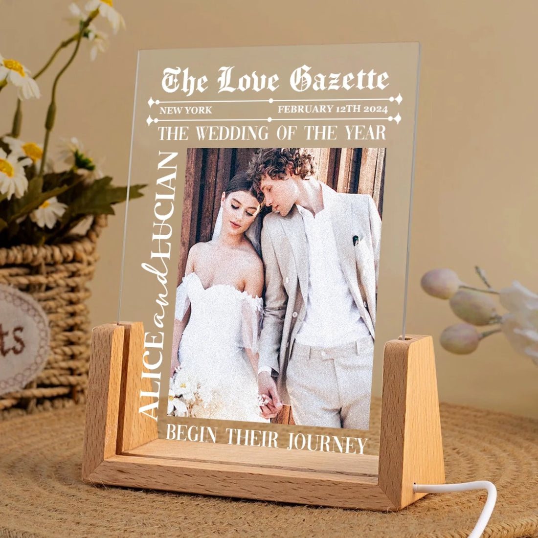 Personalized Wedding Times Acrylic Night Light with Custom Wedding Photo