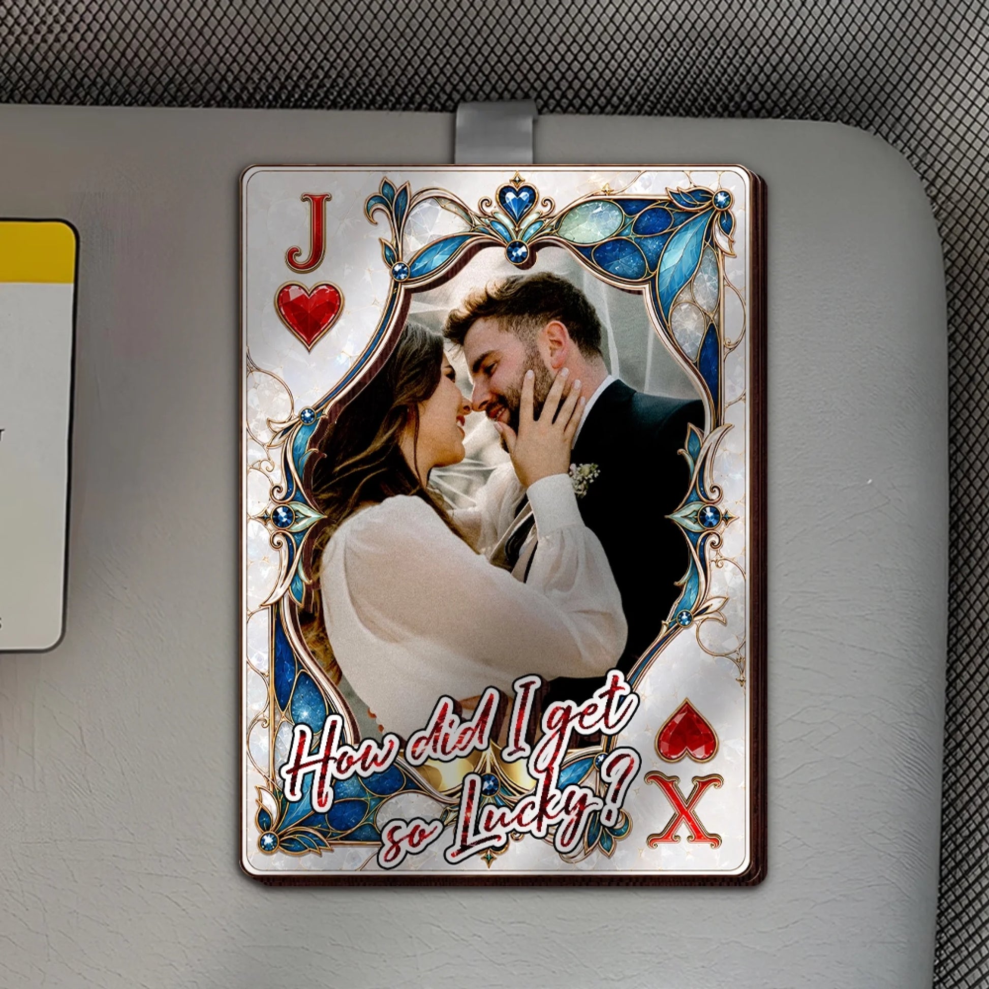 Personalized Drive Safe Photo Visor Clip Installed in Car