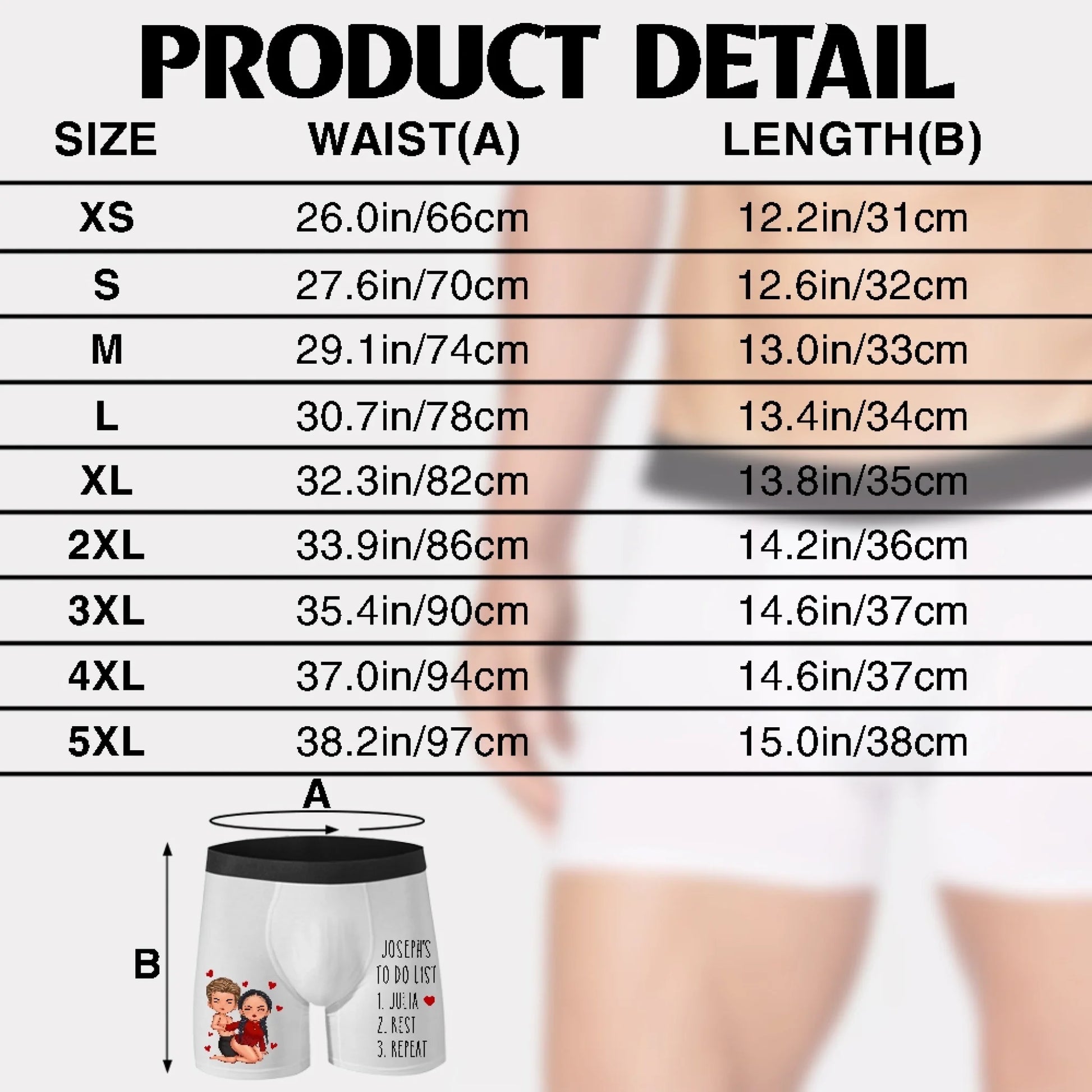 Personalized Men's Boxer Brief Size Chart and Product Details