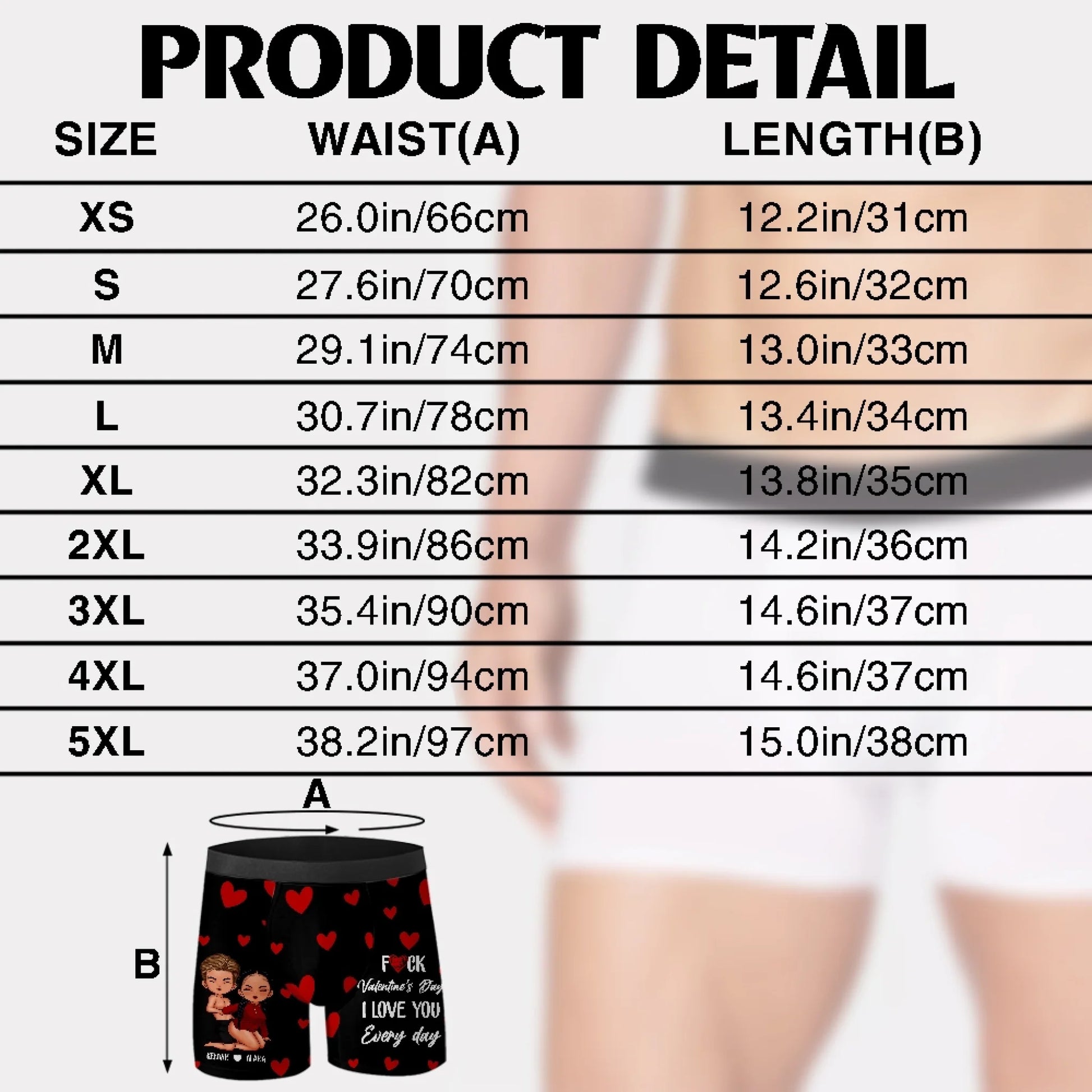 Funny Personalized Men's Boxer Brief Size Chart and Product Details