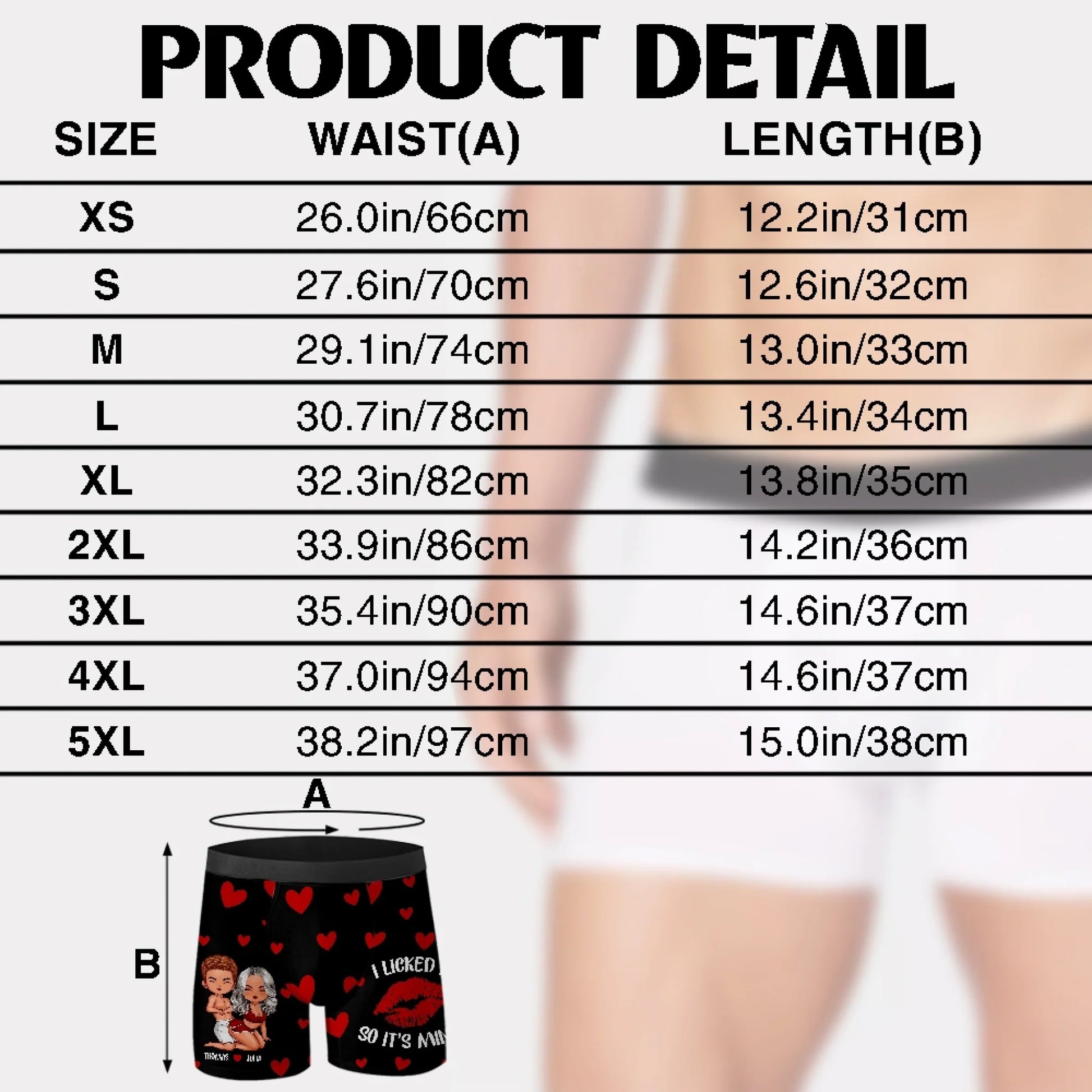 Personalized Men's Boxer Brief Size Chart and Product Details