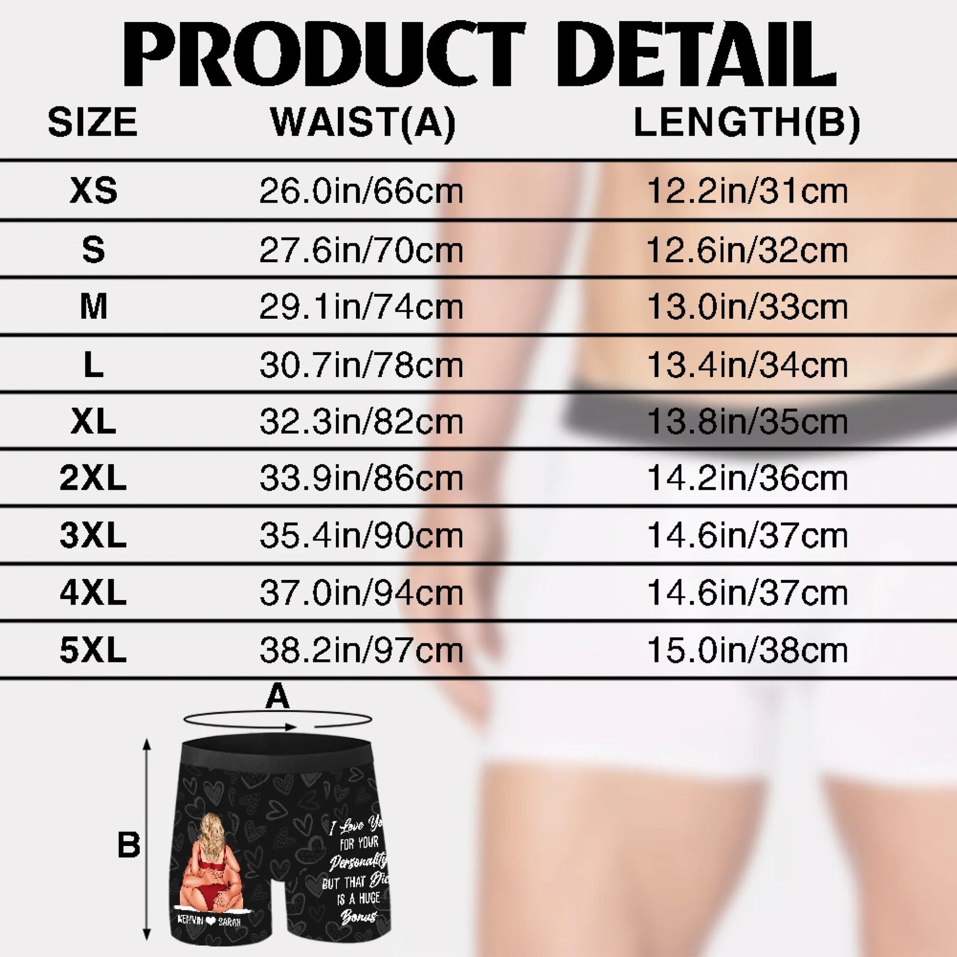 Personalized Men's Boxer Brief Size Guide and Product Details
