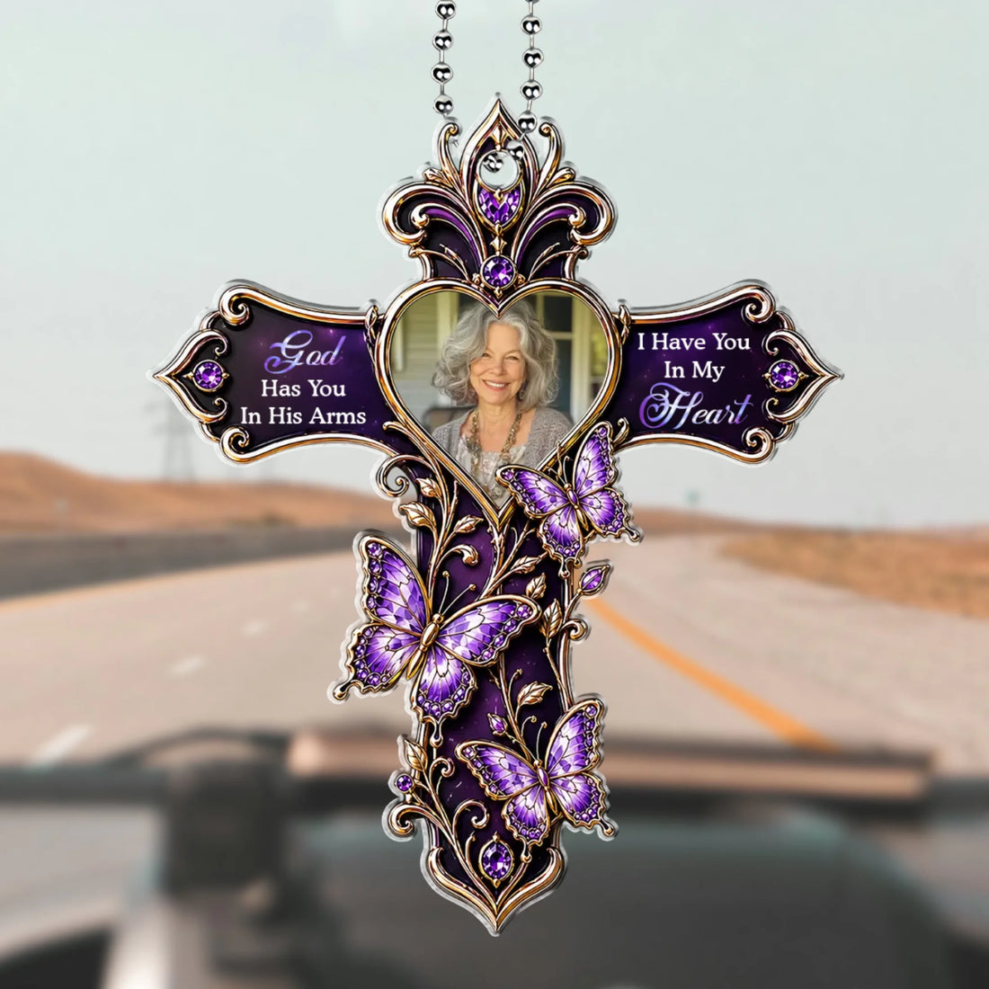 Personalized God Has You Memorial Cross Acrylic Car Hanging Ornament with Custom Photo