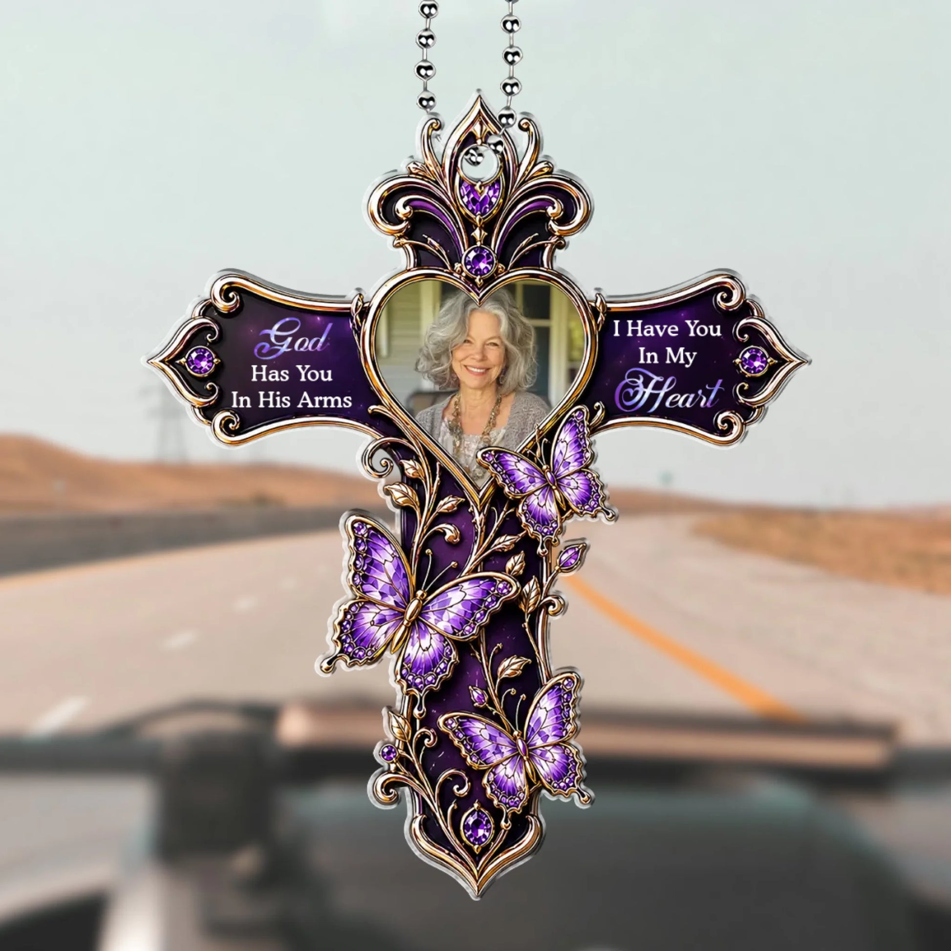 Personalized God Has You Memorial Cross Acrylic Car Hanging Ornament with Custom Photo