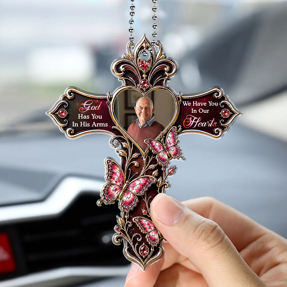 Personalized God Has You Memorial Cross Acrylic Car Hanging Ornament with Custom Photo