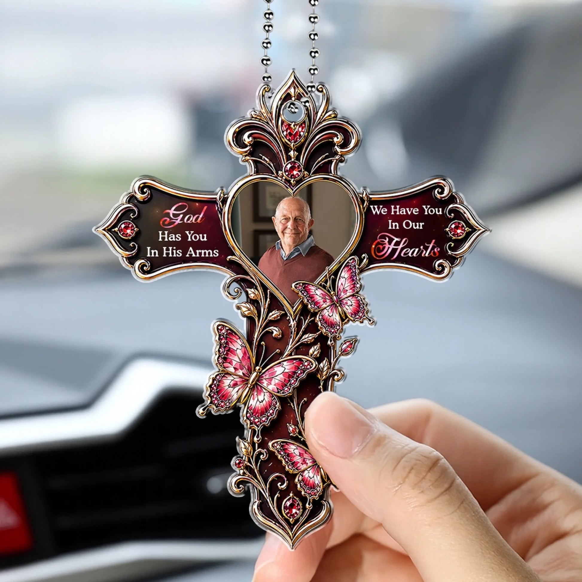 Hand Holding Personalized Memorial Cross Car Hanging Ornament Inside Vehicle