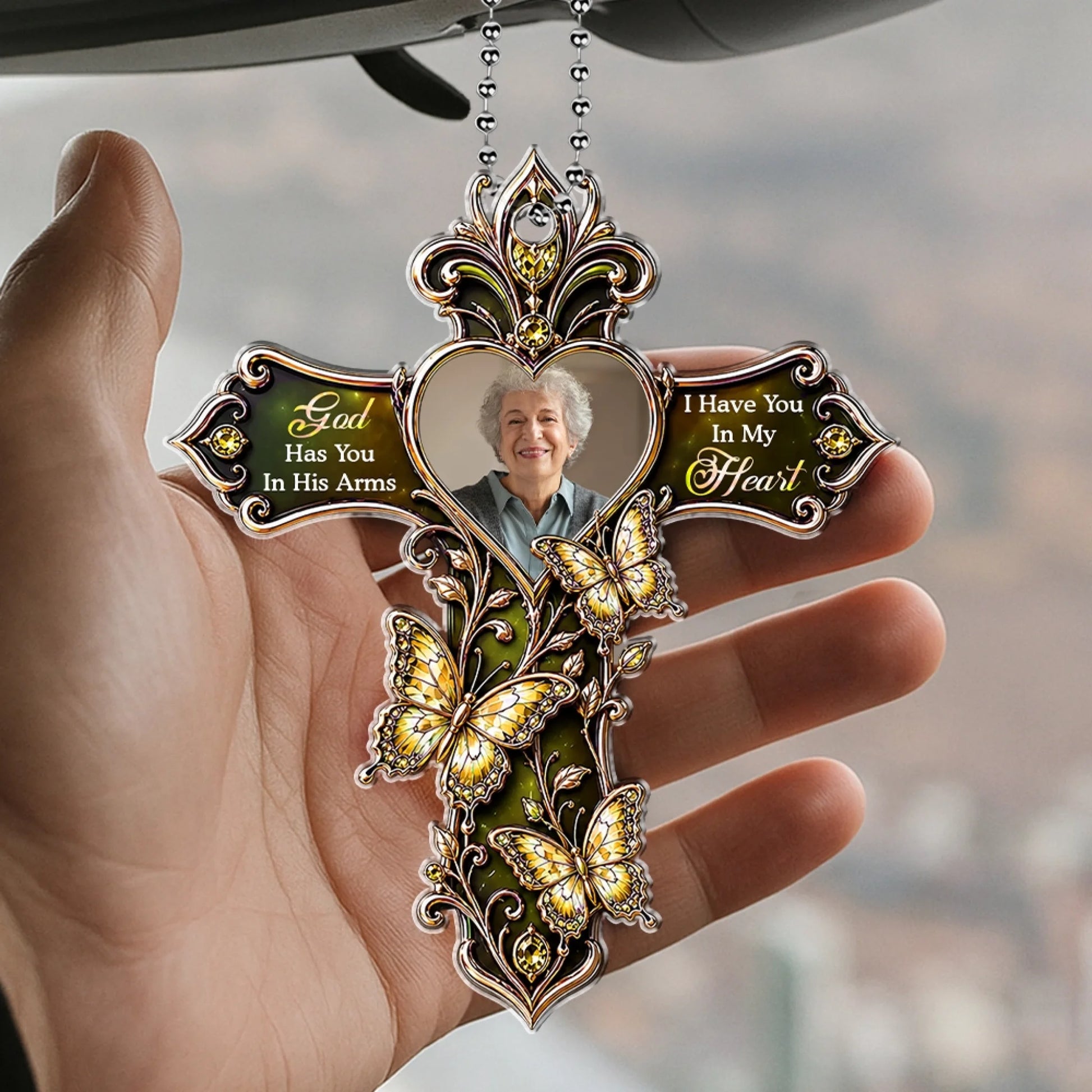 Close-Up of Personalized Memorial Cross Ornament with Custom Photo