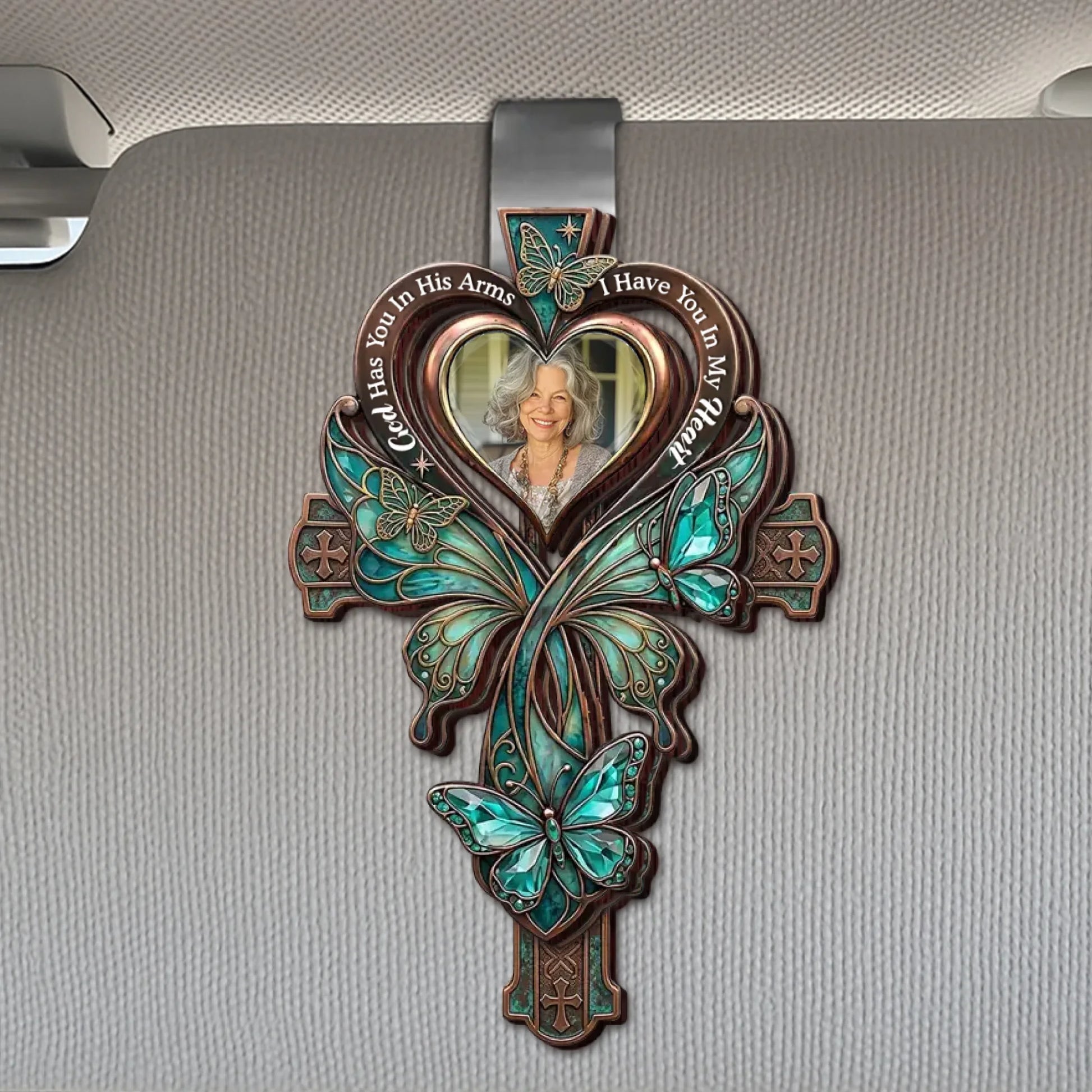 Personalized God Has You In His Arms Wooden Memorial Car Visor Clip with Custom Photo