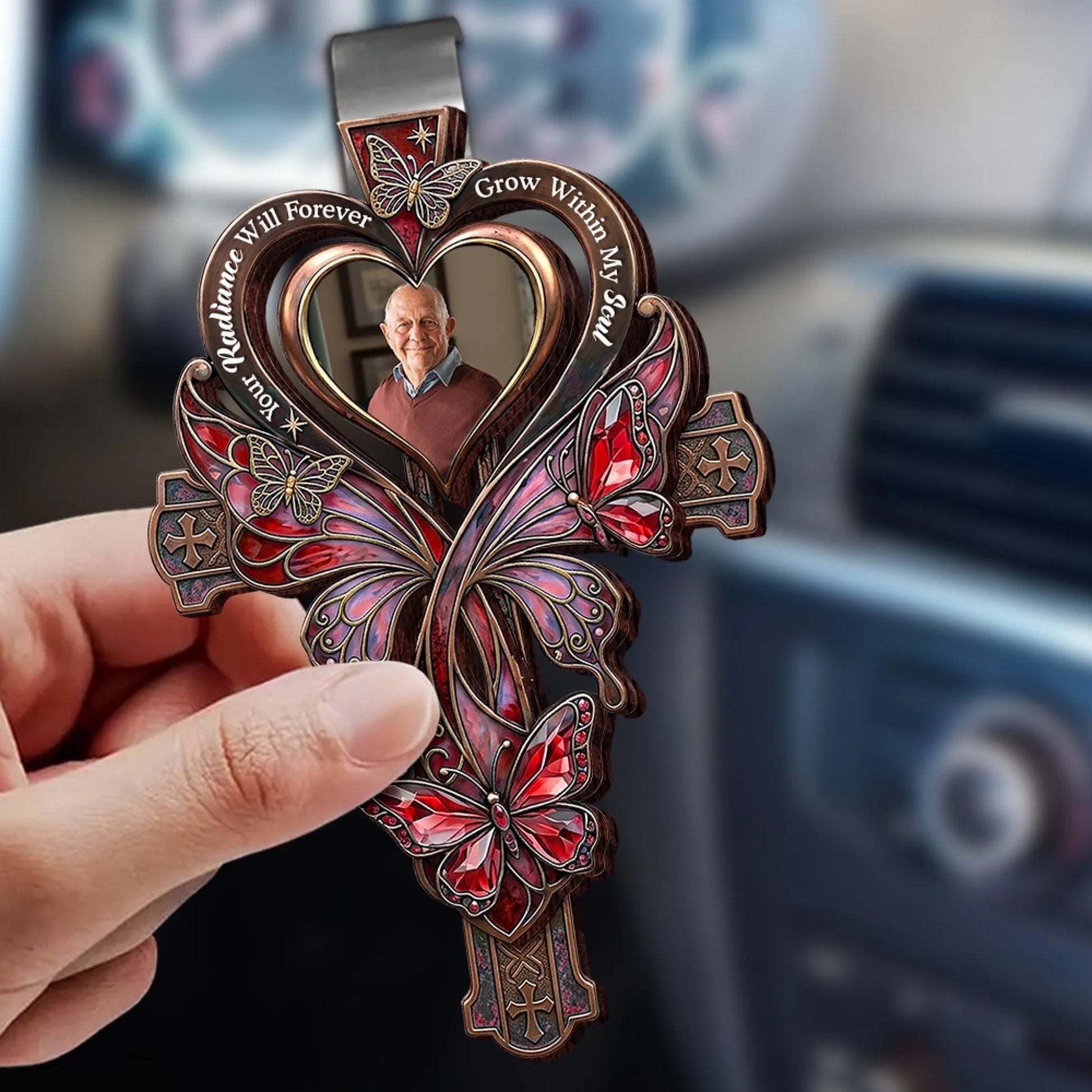 Hand Holding Personalized Memorial Wooden Car Visor Clip