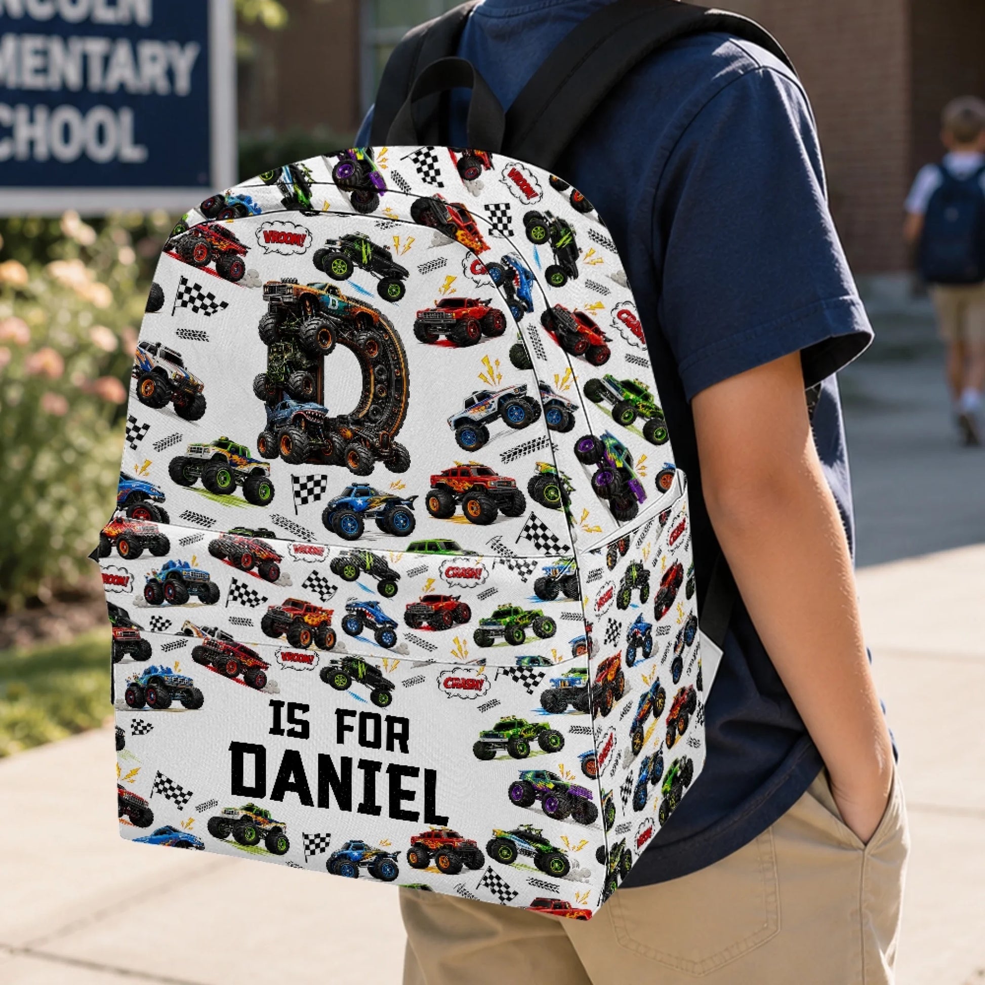 Back View of Personalized Monster Truck School Backpack