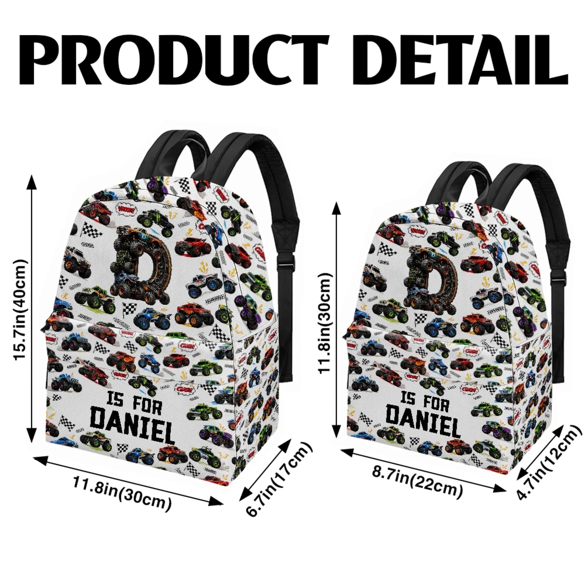 Personalized Monster Truck Backpack Size Guide and Product Details