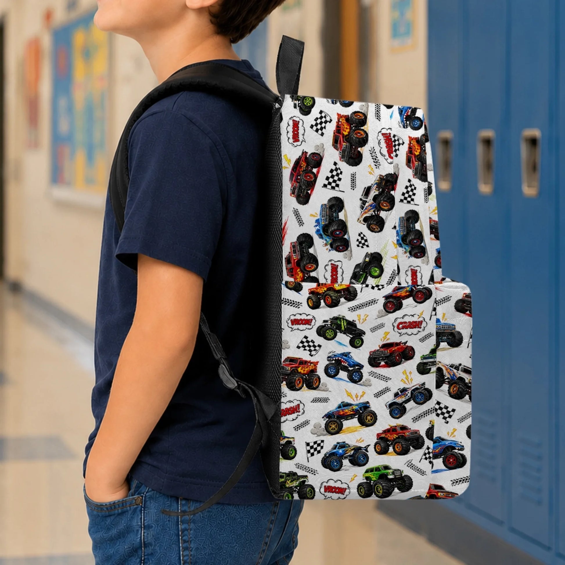 Side View of Personalized Monster Truck Canvas Backpack
