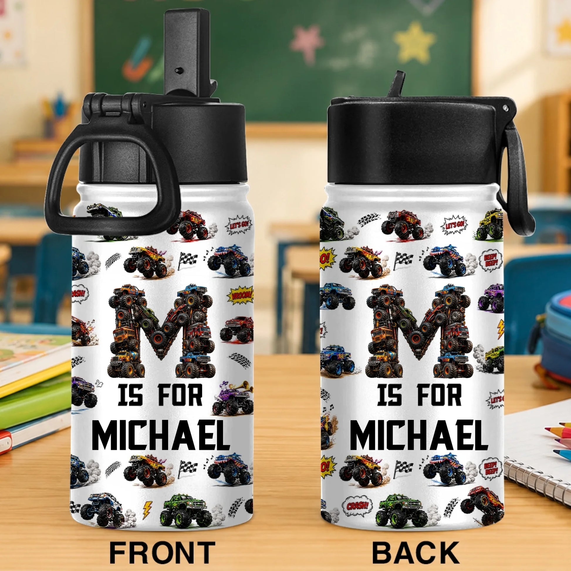 Personalized Monster Truck Kids Stainless Steel Water Bottle with Custom Name