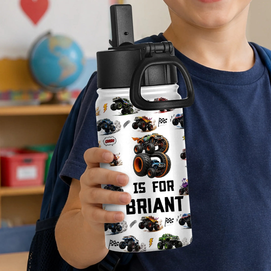 Personalized Monster Truck Kids Stainless Steel Water Bottle with Custom Name
