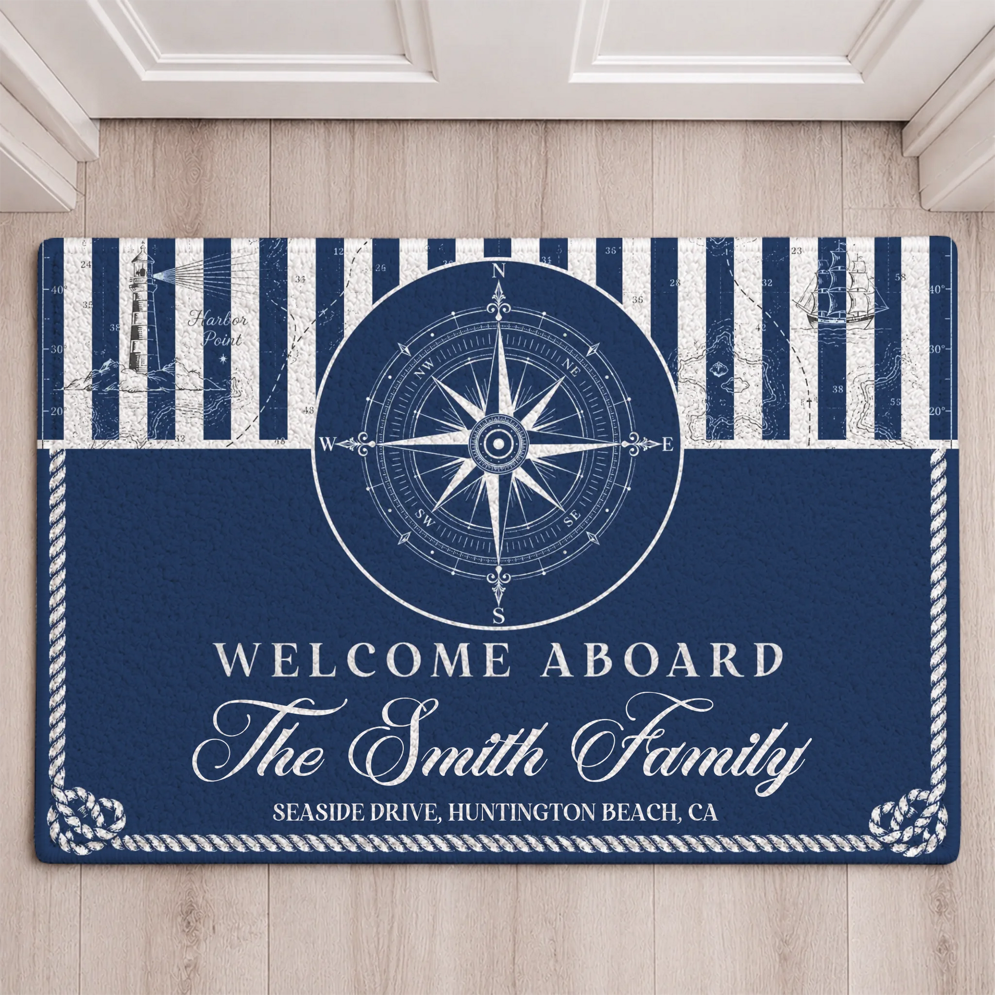 Personalized Welcome Aboard Nautical Doormat with Family Name