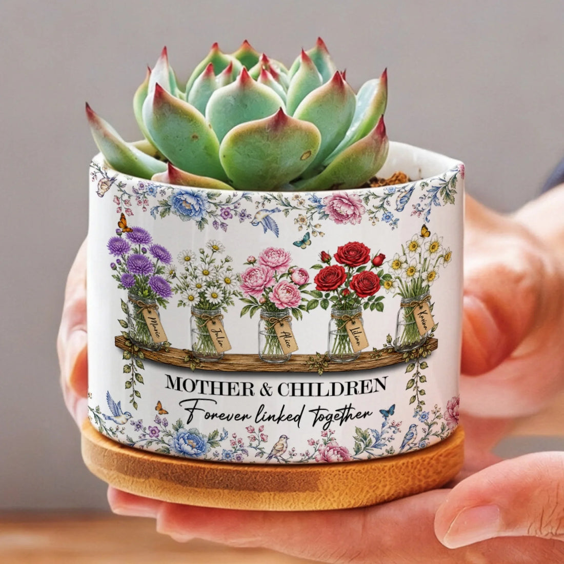 Personalized Ceramic Plant Pot with Bamboo Tray
