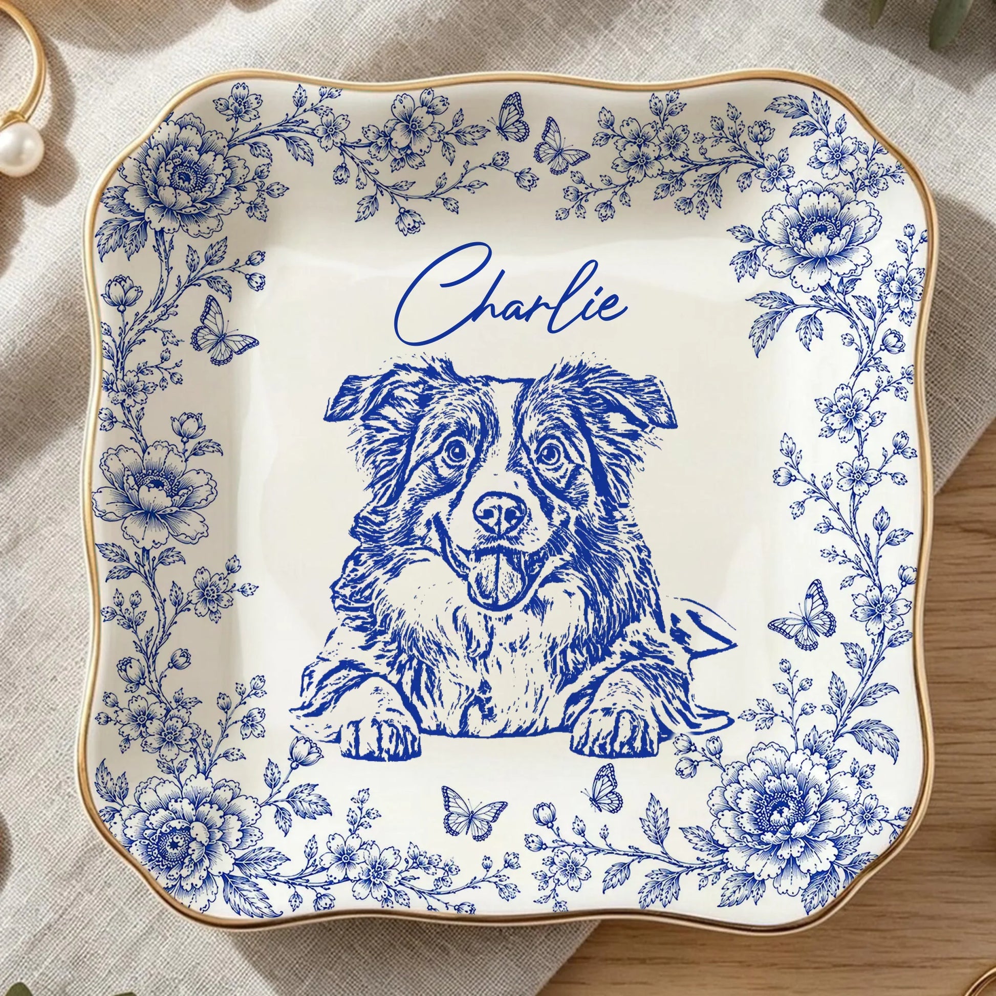 Personalized Dog Photo Ring Dish with Floral Design