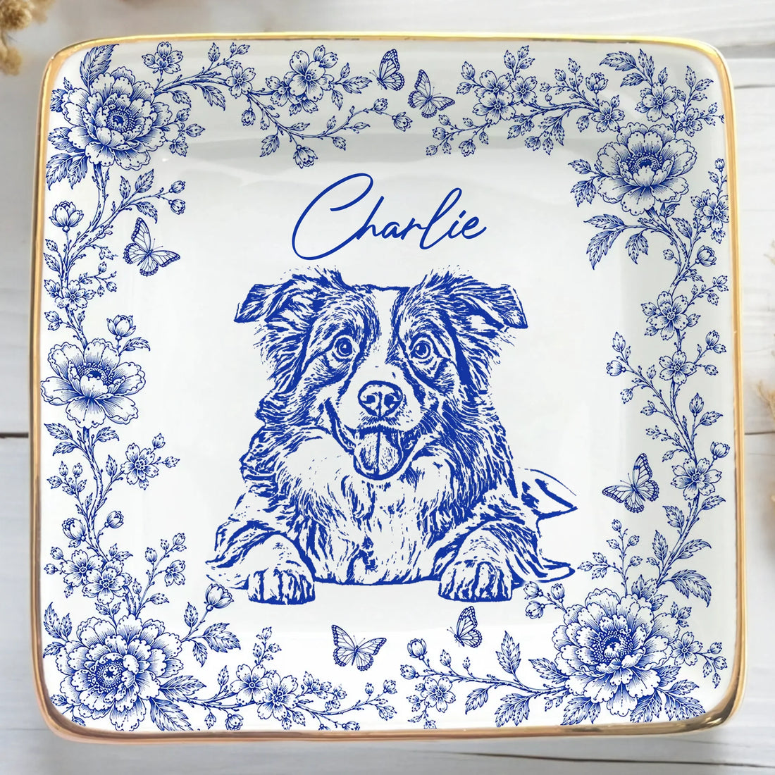 Personalized Pet Sketch Photo Ring Dish with Custom Name