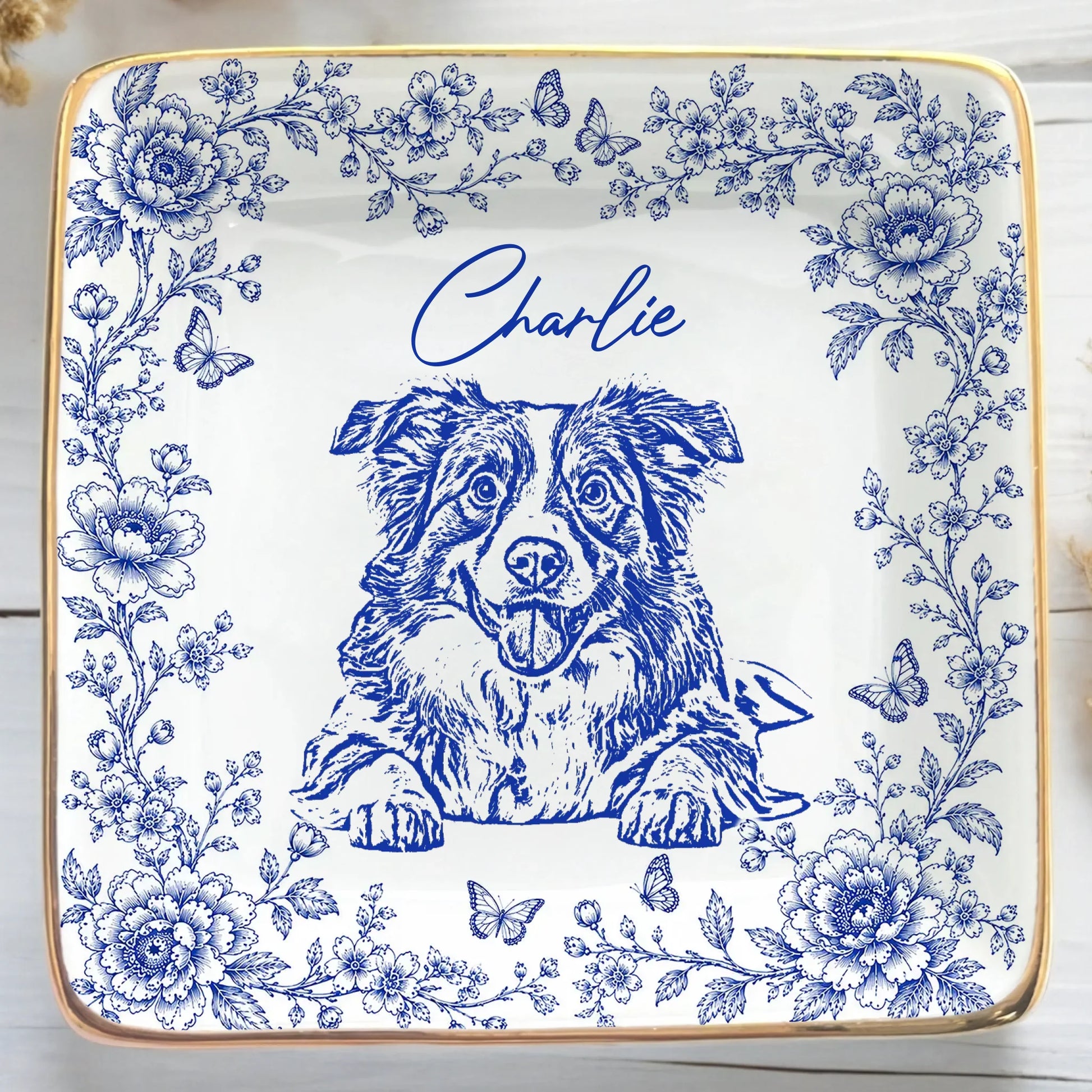 Personalized Pet Sketch Photo Ring Dish with Custom Name