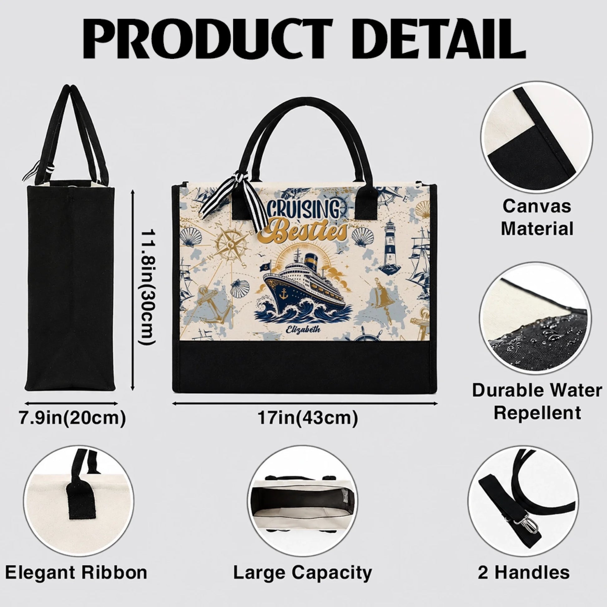 Personalized Cruise Tote Bag Size and Product Details