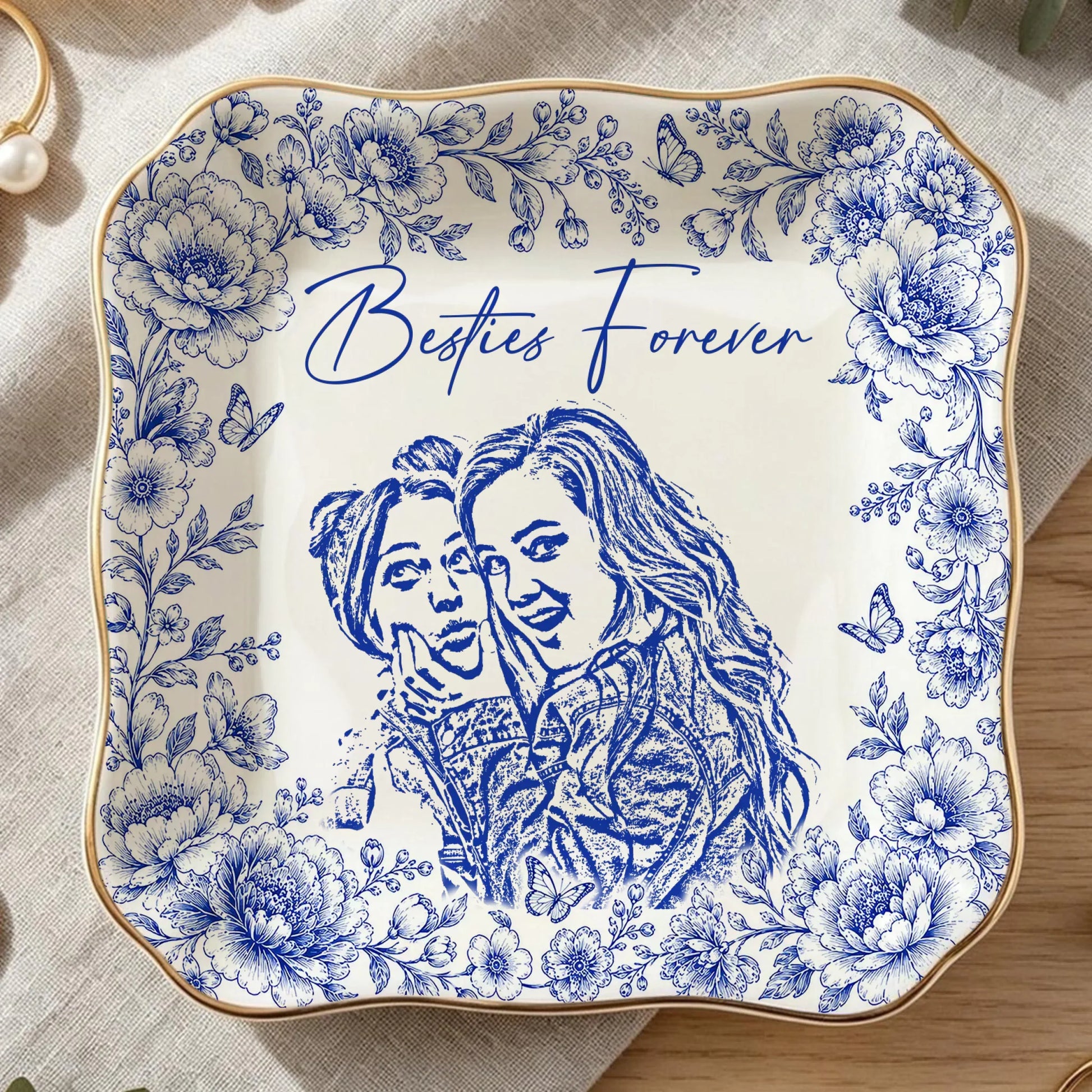 Personalized Bestie Photo Ring Dish with Floral Design