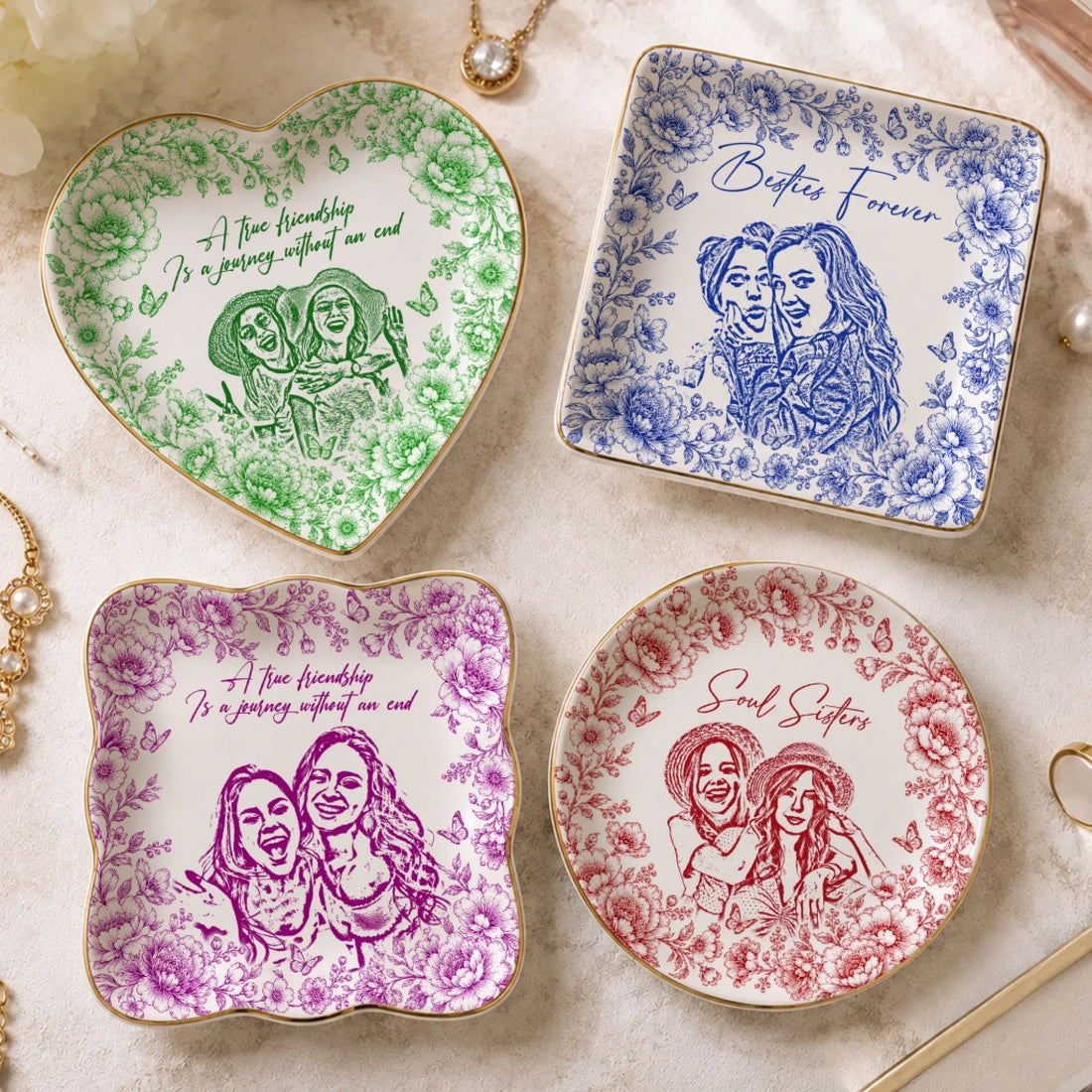 Personalized Besties Sketch Photo Ring Dish for Best Friend