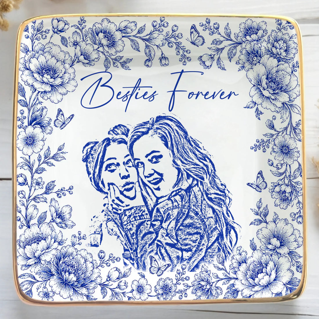Personalized Besties Sketch Photo Ring Dish for Best Friend